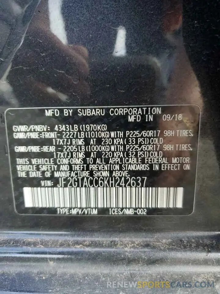 13 fotografías del automóvil dañado JF2GTACC6KH242637 SUBARU CROSSTREK 2019