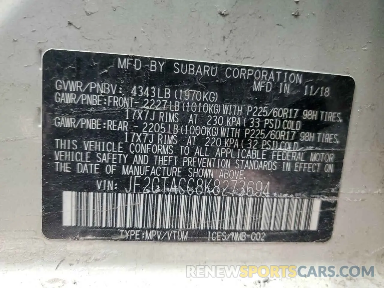 12 fotografías del automóvil dañado JF2GTACC8K8273694 SUBARU CROSSTREK 2019
