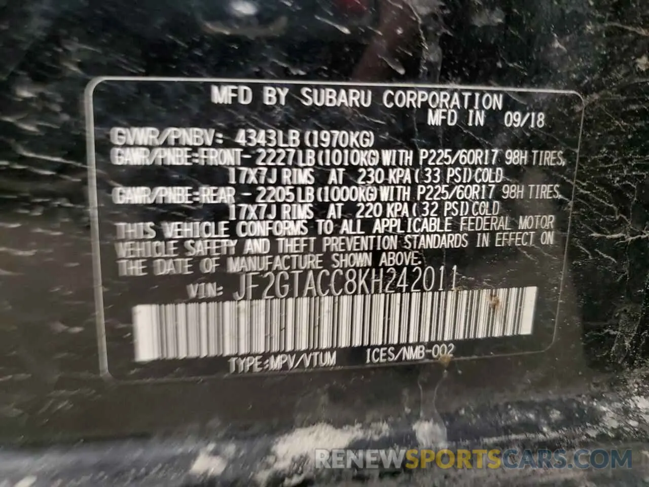 13 fotografías del automóvil dañado JF2GTACC8KH242011 SUBARU CROSSTREK 2019