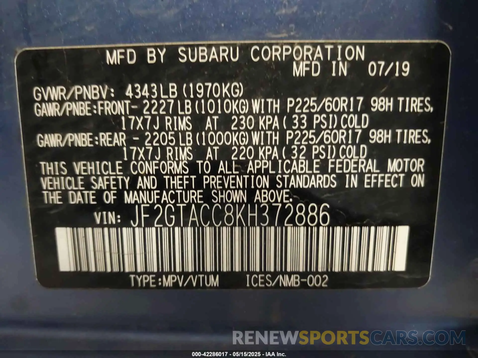 9 fotografías del automóvil dañado JF2GTACC8KH372886 SUBARU CROSSTREK 2019