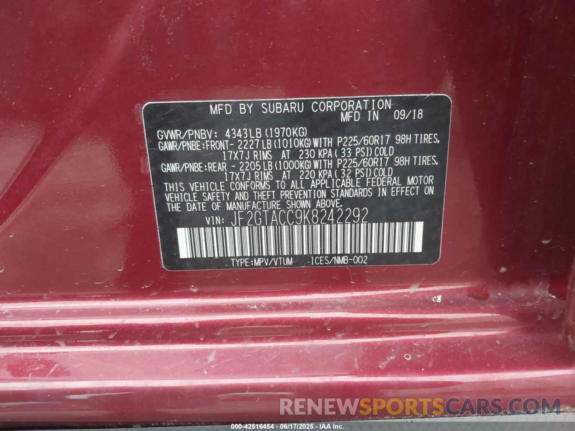 9 fotografías del automóvil dañado JF2GTACC9K8242292 SUBARU CROSSTREK 2019