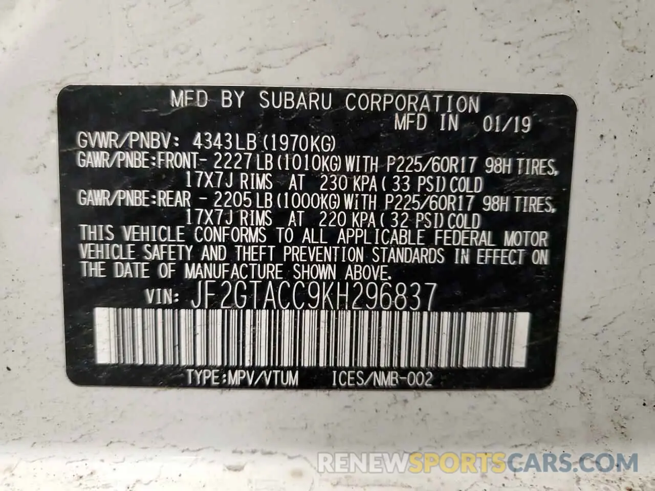 15 fotografías del automóvil dañado JF2GTACC9KH296837 SUBARU CROSSTREK 2019