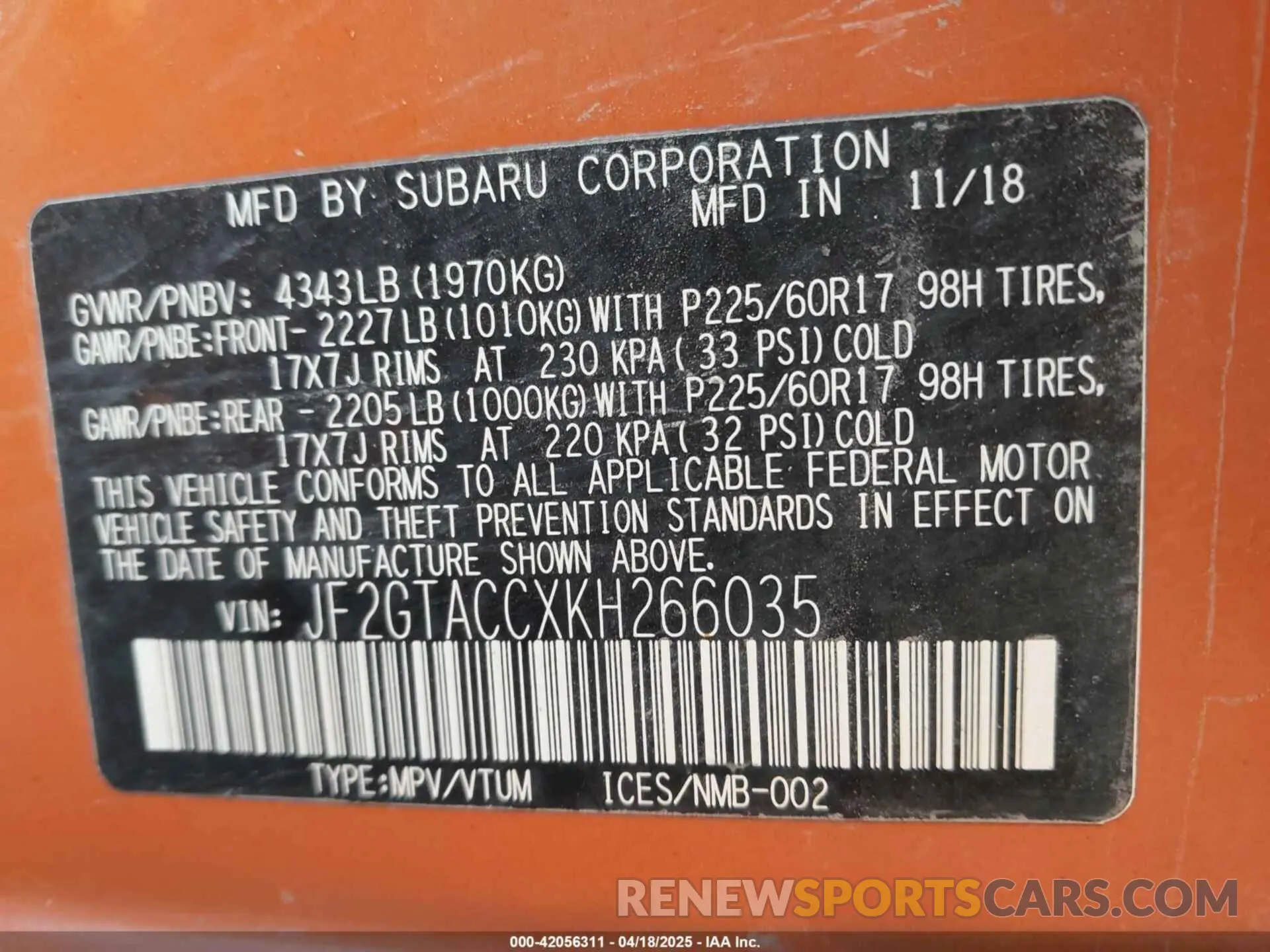 9 fotografías del automóvil dañado JF2GTACCXKH266035 SUBARU CROSSTREK 2019