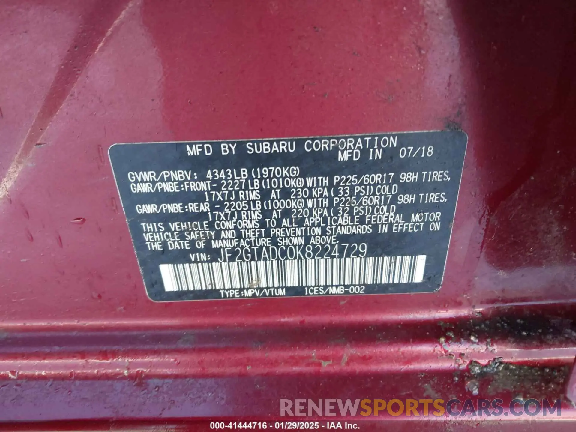 9 fotografías del automóvil dañado JF2GTADC0K8224729 SUBARU CROSSTREK 2019