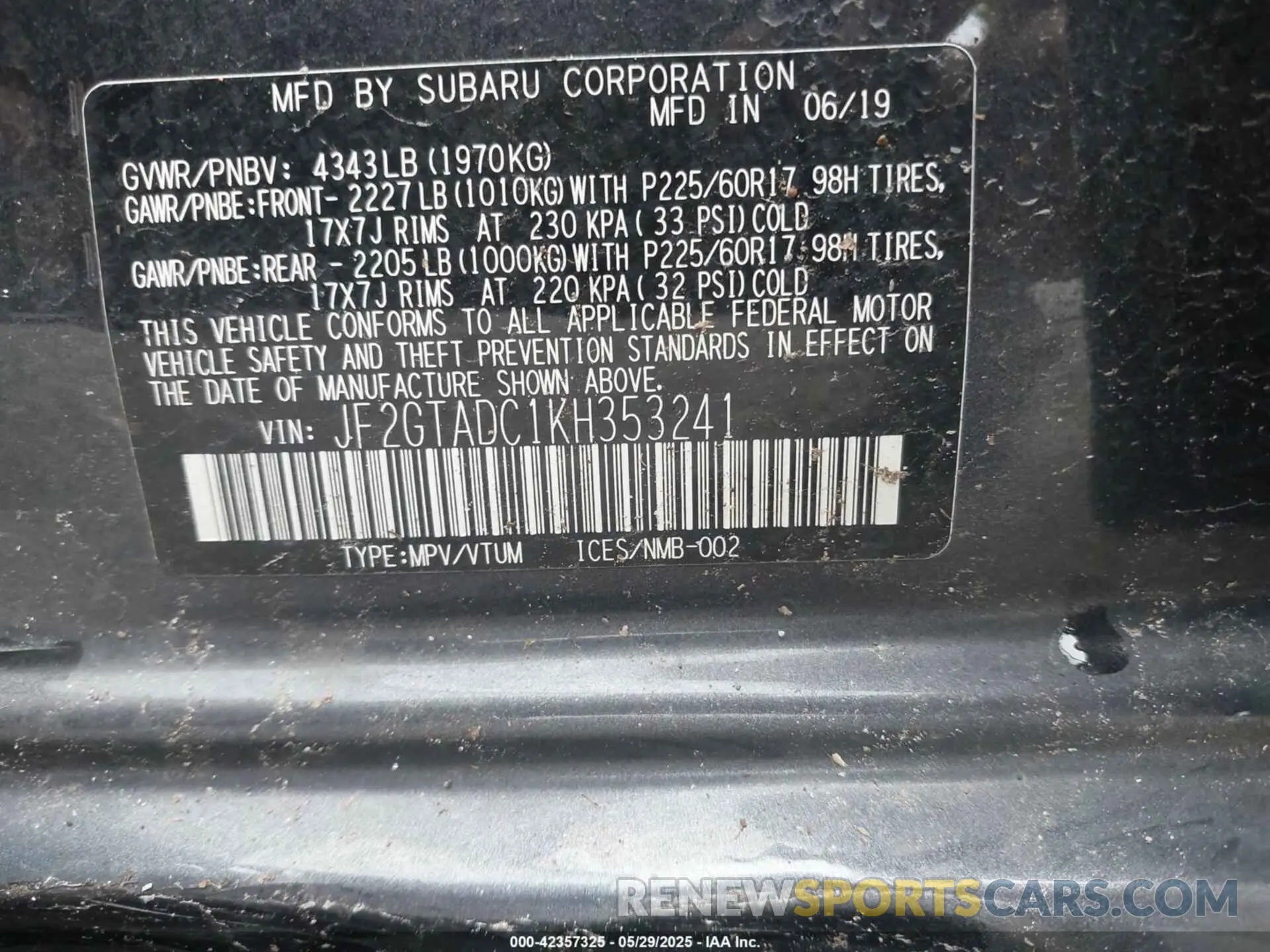 9 fotografías del automóvil dañado JF2GTADC1KH353241 SUBARU CROSSTREK 2019