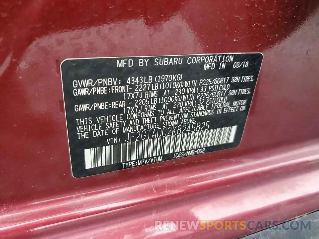 14 fotografías del automóvil dañado JF2GTADC2K8245825 SUBARU CROSSTREK 2019