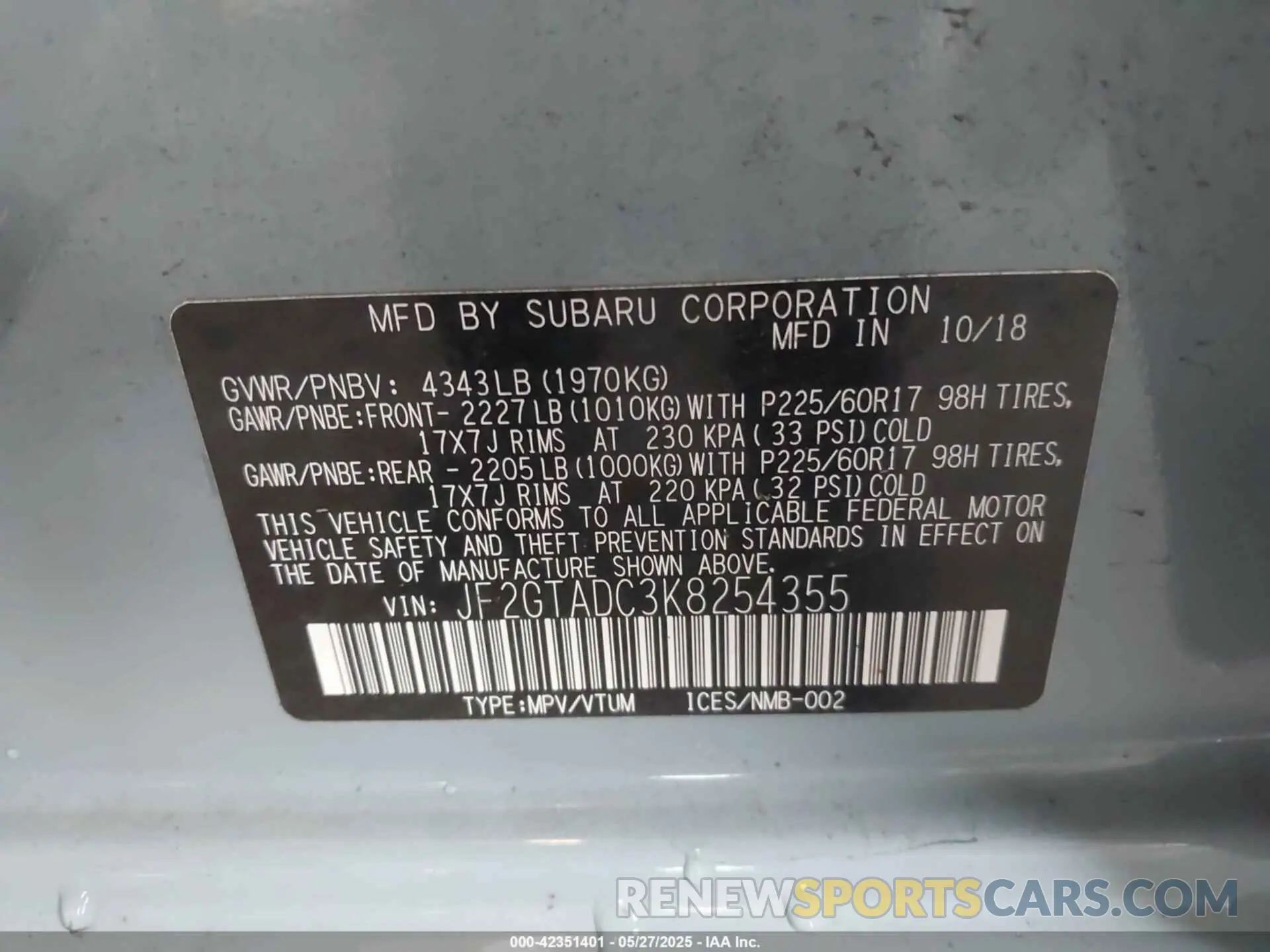 9 fotografías del automóvil dañado JF2GTADC3K8254355 SUBARU CROSSTREK 2019