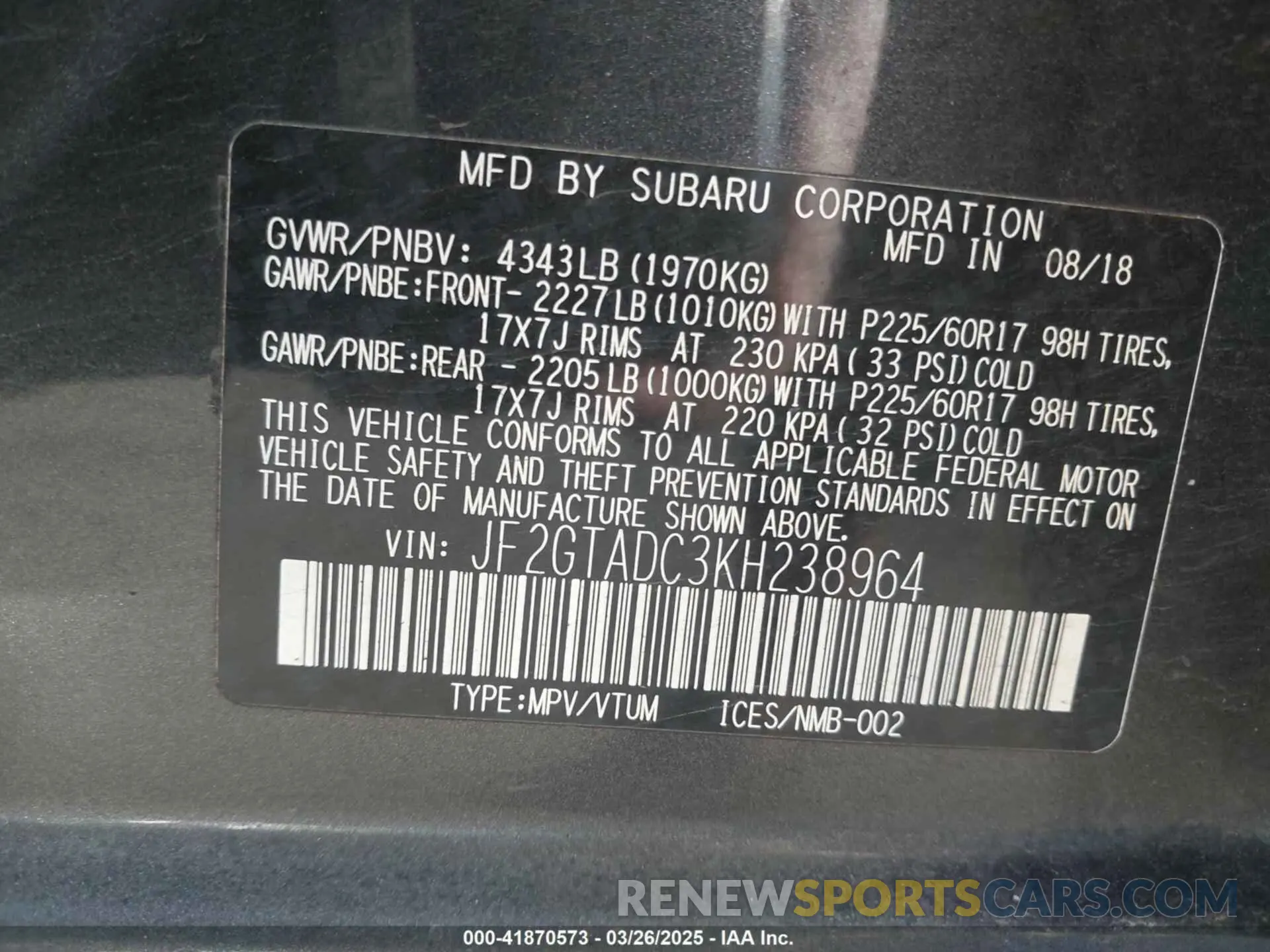 9 fotografías del automóvil dañado JF2GTADC3KH238964 SUBARU CROSSTREK 2019
