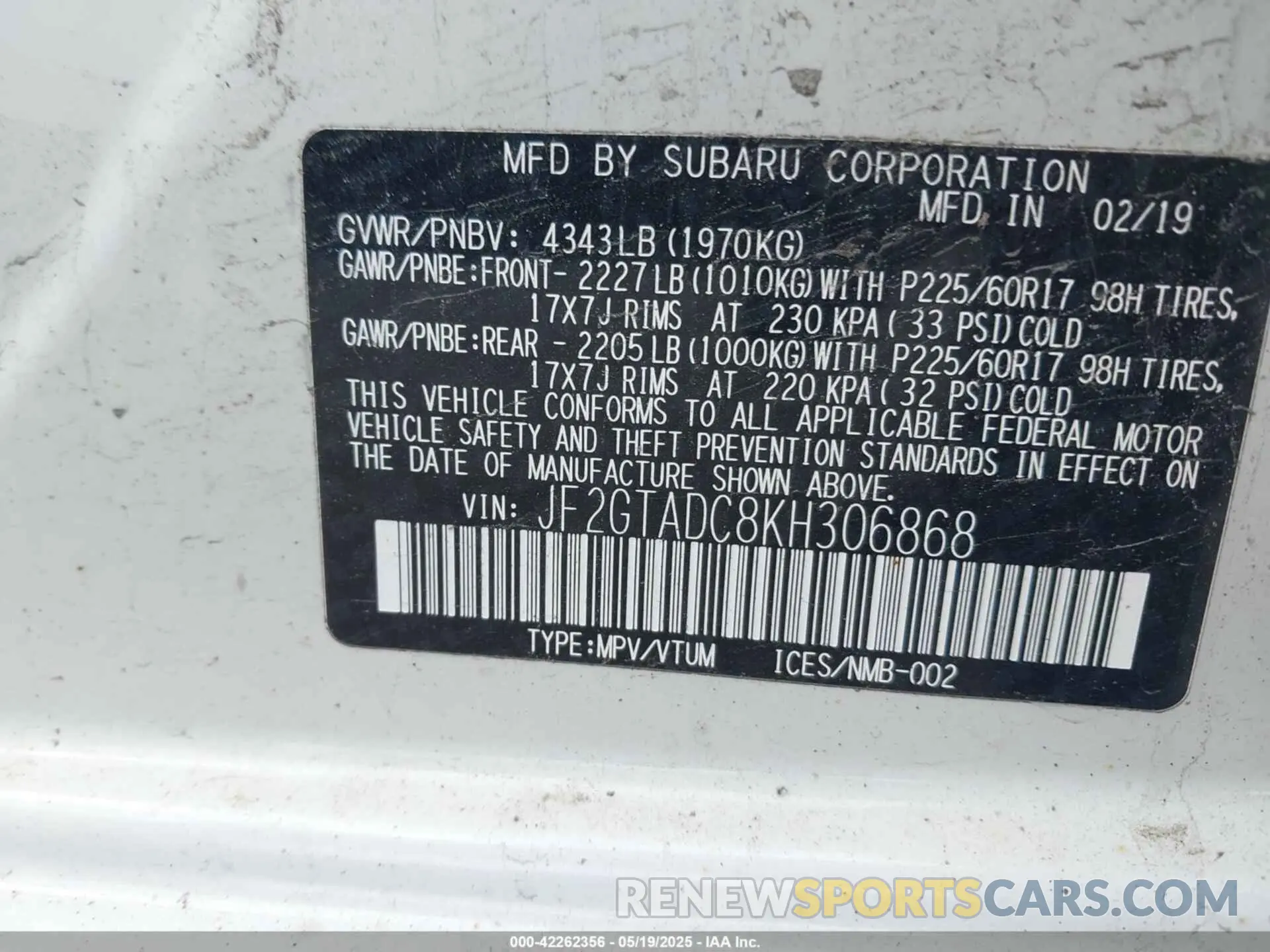 9 fotografías del automóvil dañado JF2GTADC8KH306868 SUBARU CROSSTREK 2019