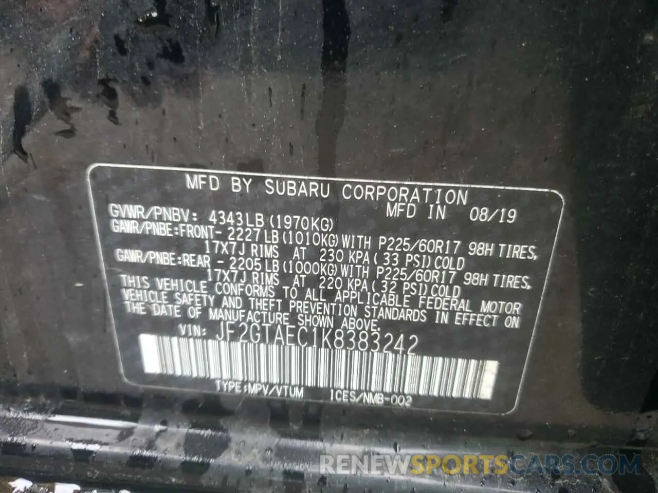 13 fotografías del automóvil dañado JF2GTAEC1K8383242 SUBARU CROSSTREK 2019