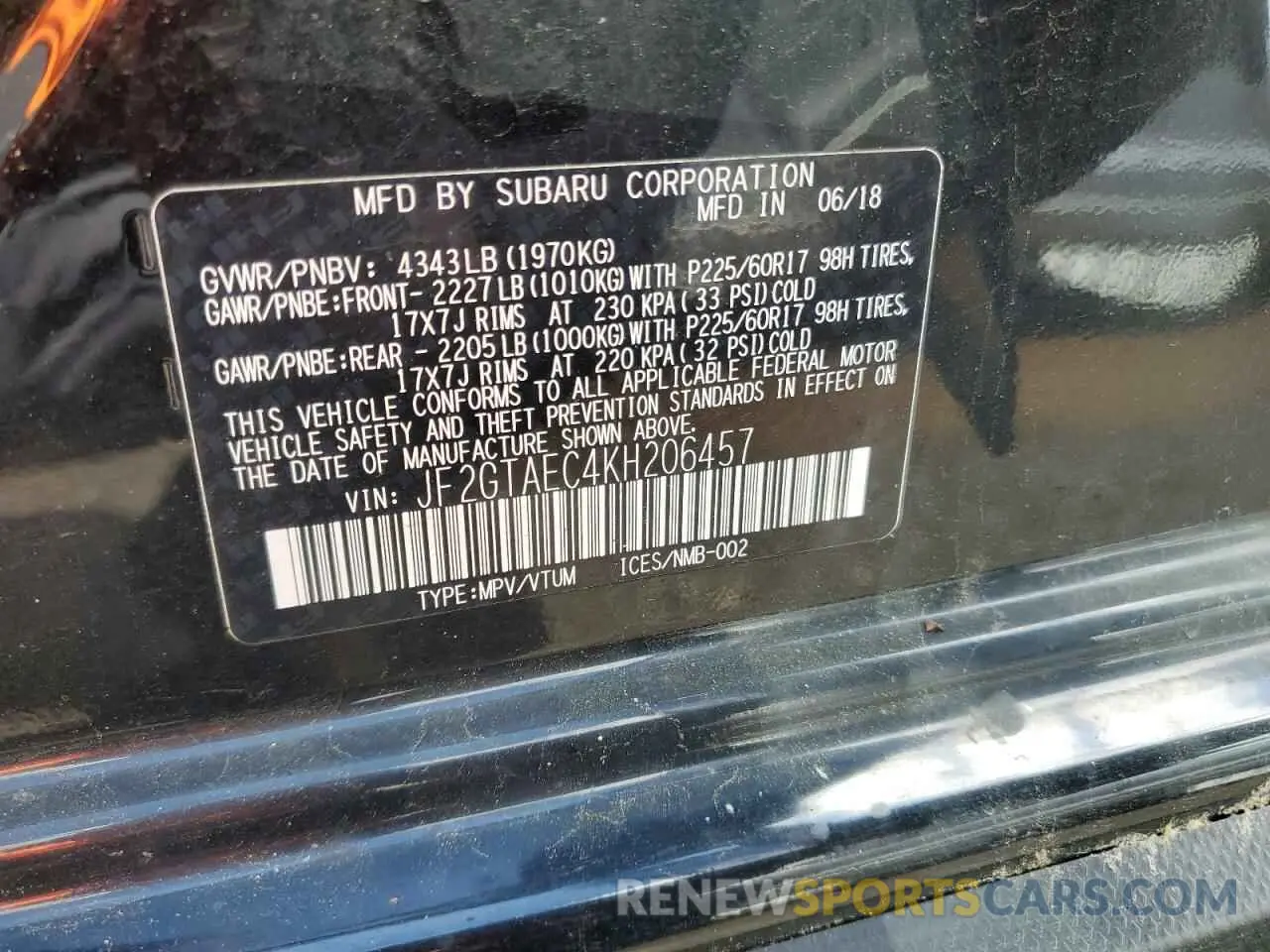 12 fotografías del automóvil dañado JF2GTAEC4KH206457 SUBARU CROSSTREK 2019