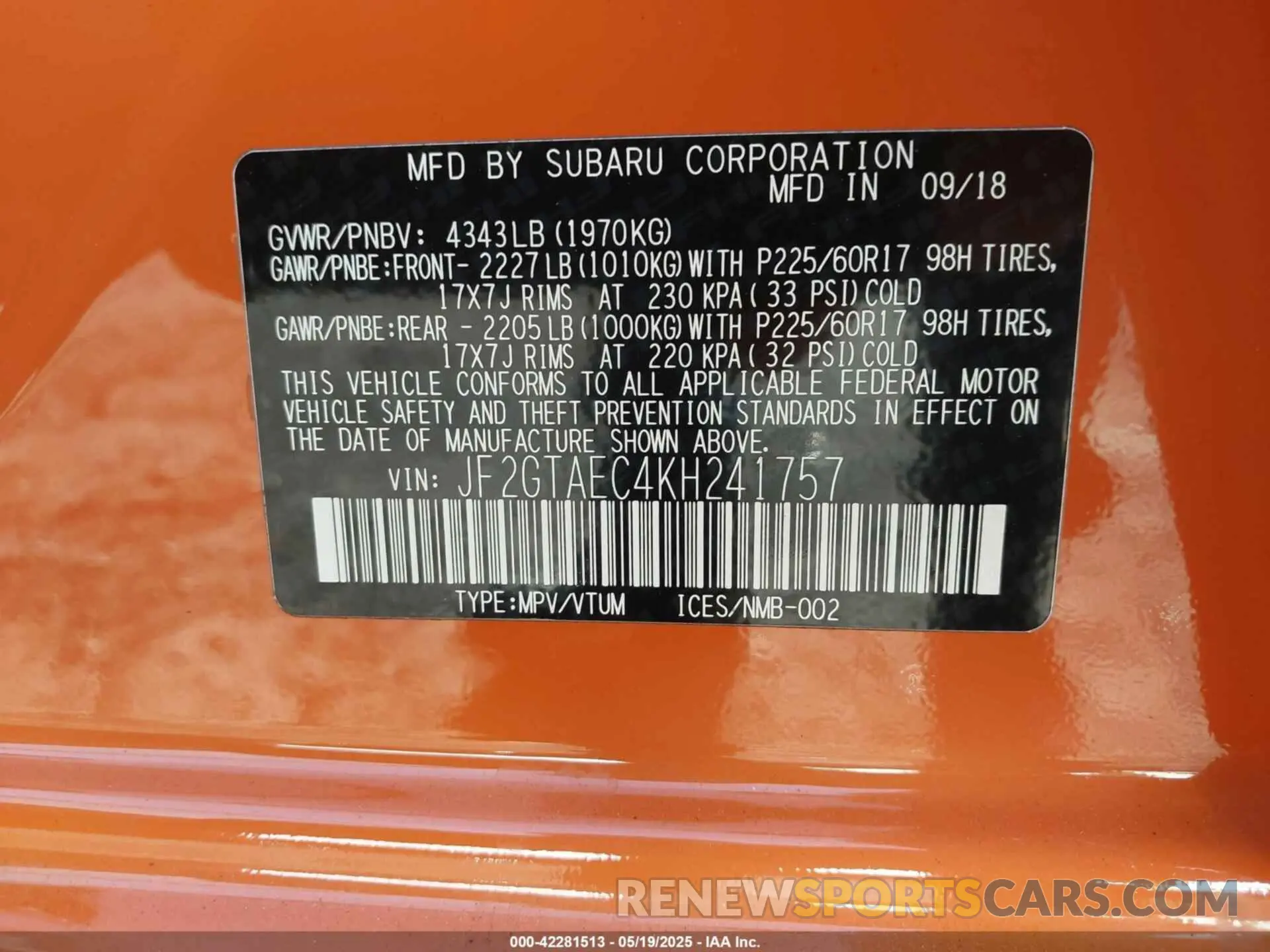 9 fotografías del automóvil dañado JF2GTAEC4KH241757 SUBARU CROSSTREK 2019