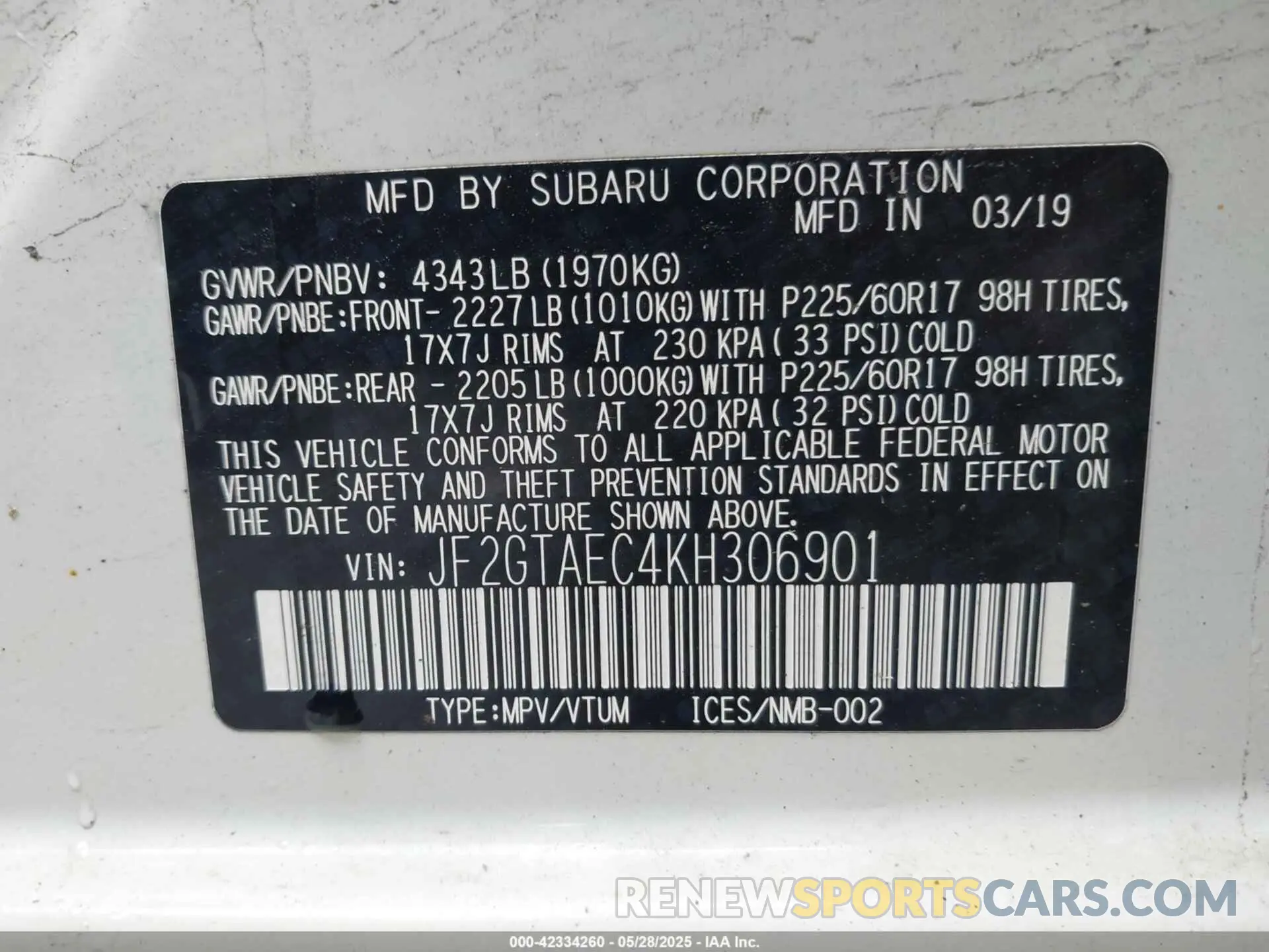 9 fotografías del automóvil dañado JF2GTAEC4KH306901 SUBARU CROSSTREK 2019