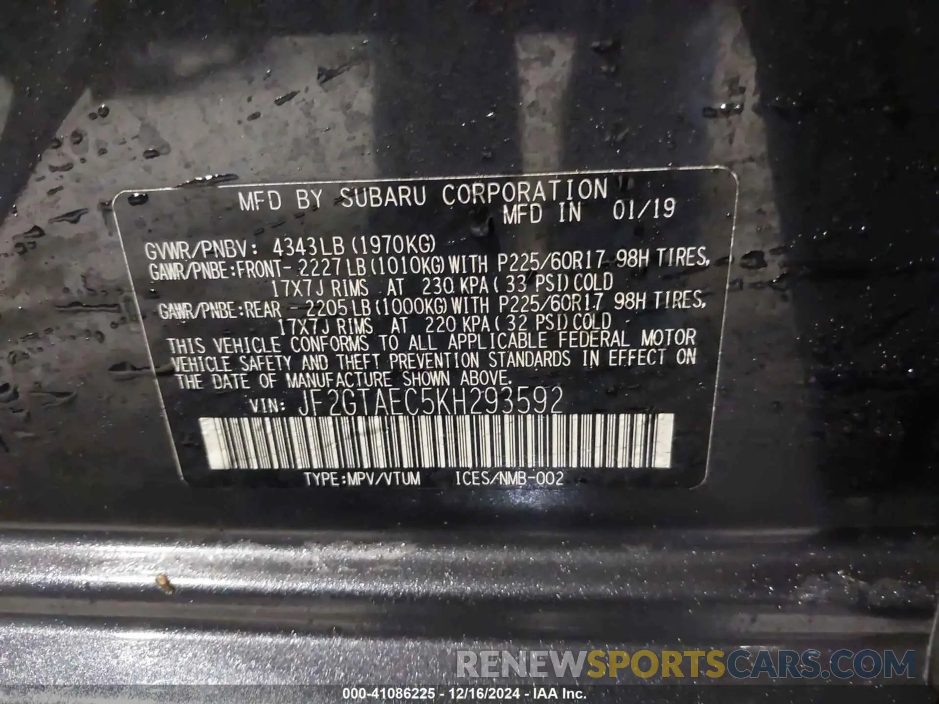 9 fotografías del automóvil dañado JF2GTAEC5KH293592 SUBARU CROSSTREK 2019