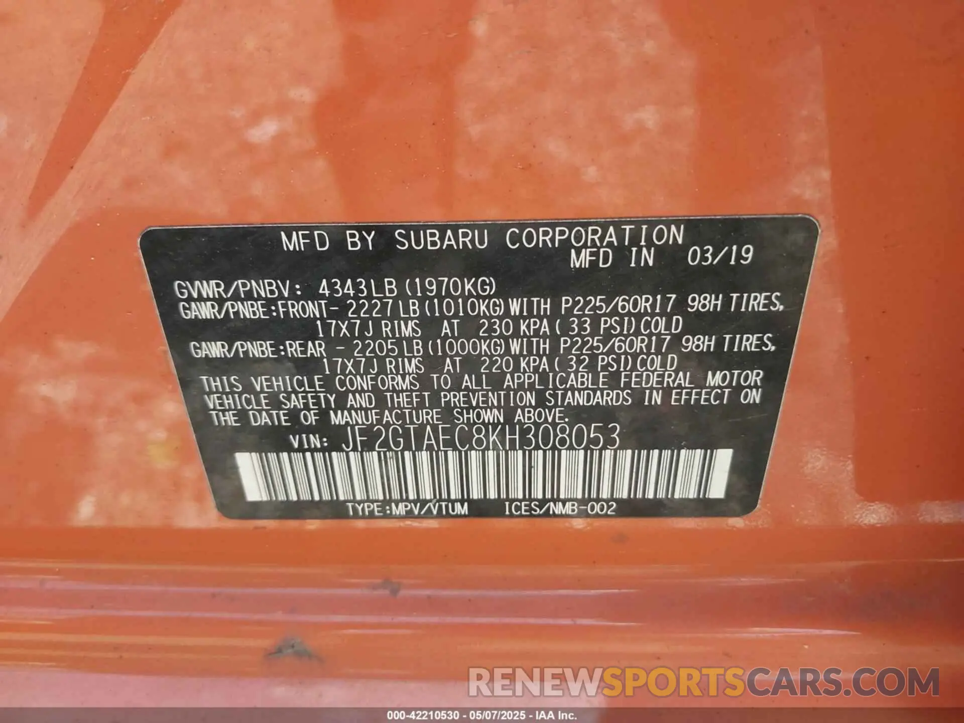 9 fotografías del automóvil dañado JF2GTAEC8KH308053 SUBARU CROSSTREK 2019