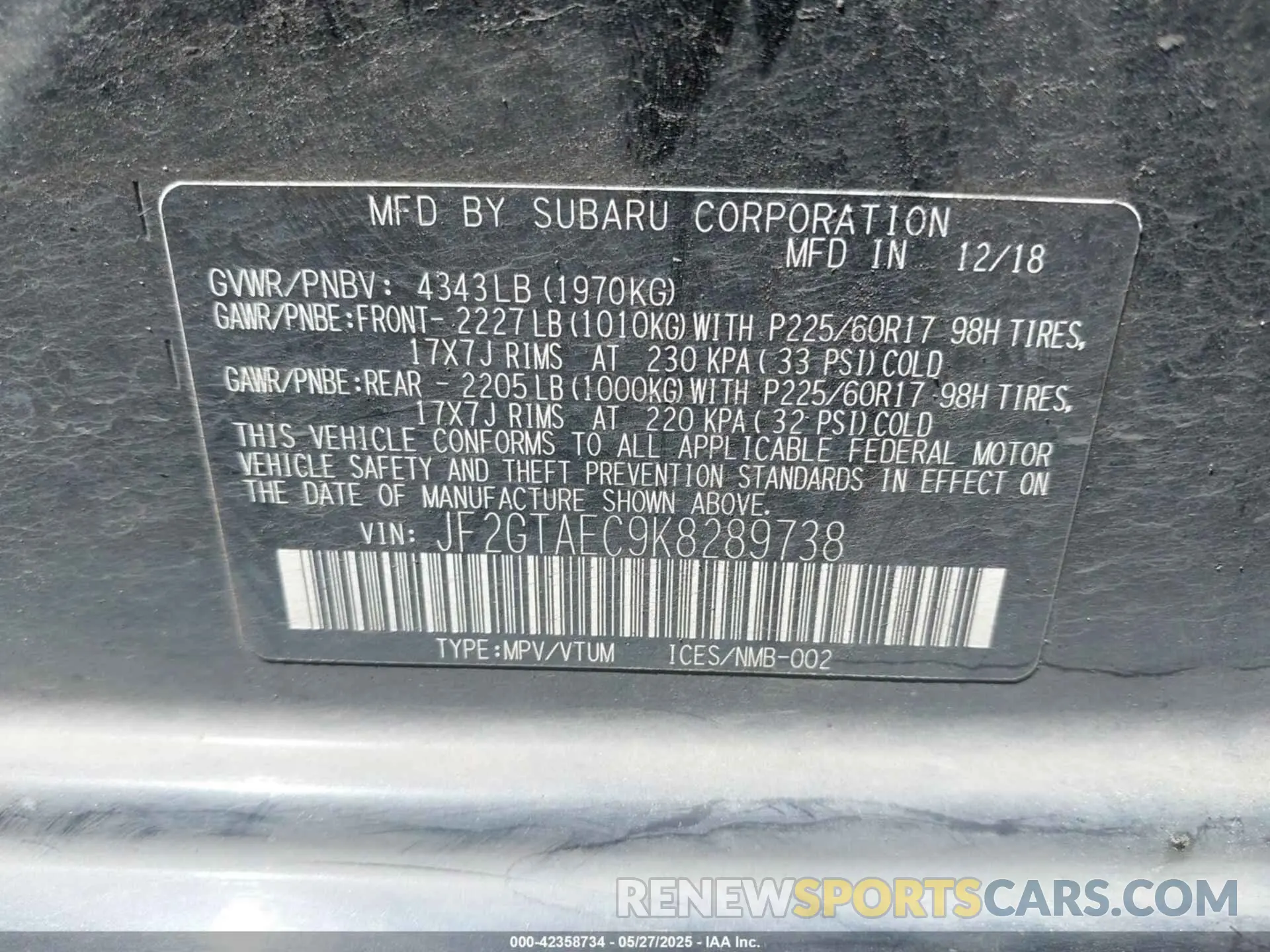 9 fotografías del automóvil dañado JF2GTAEC9K8289738 SUBARU CROSSTREK 2019