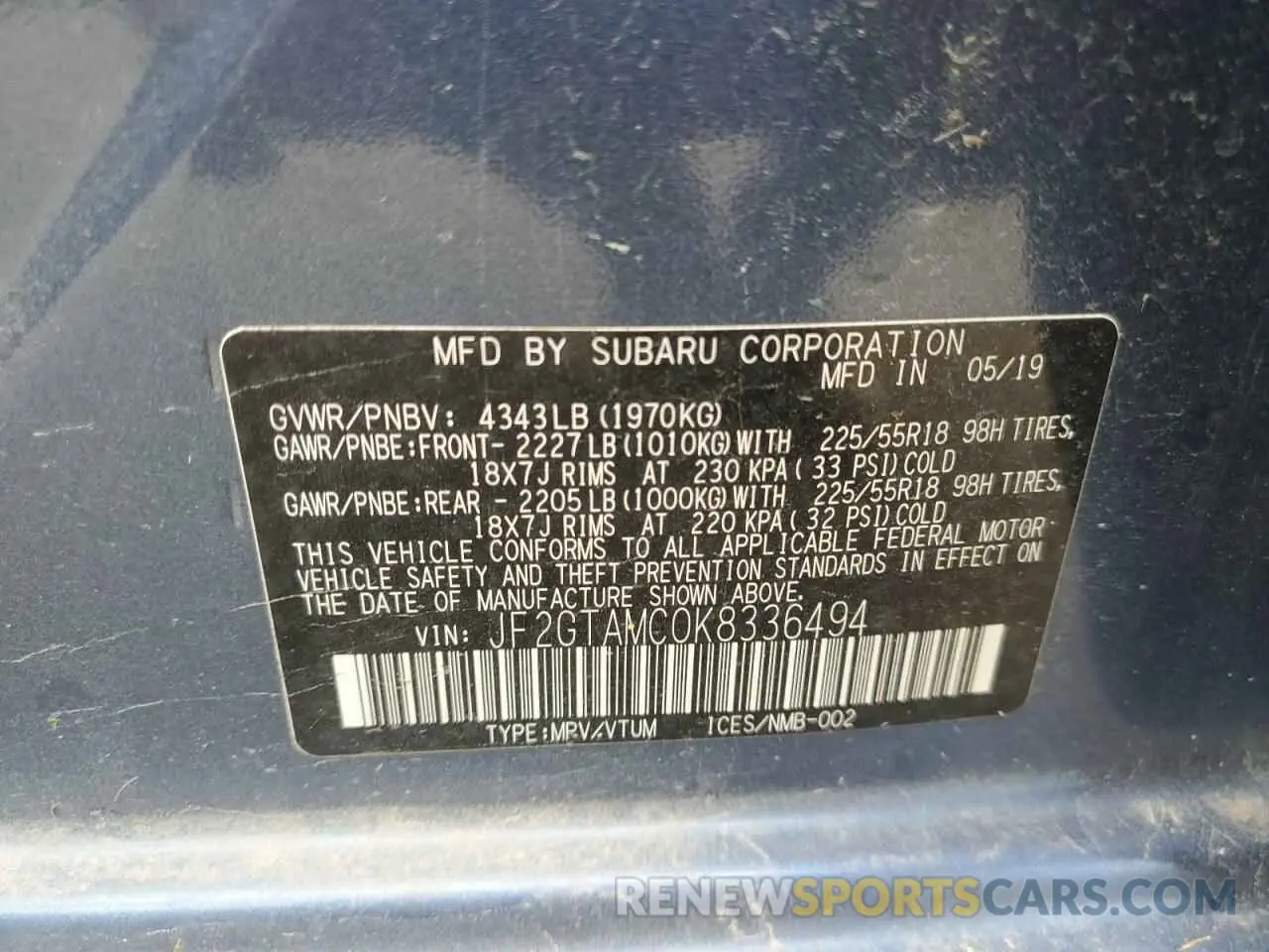 13 fotografías del automóvil dañado JF2GTAMC0K8336494 SUBARU CROSSTREK 2019