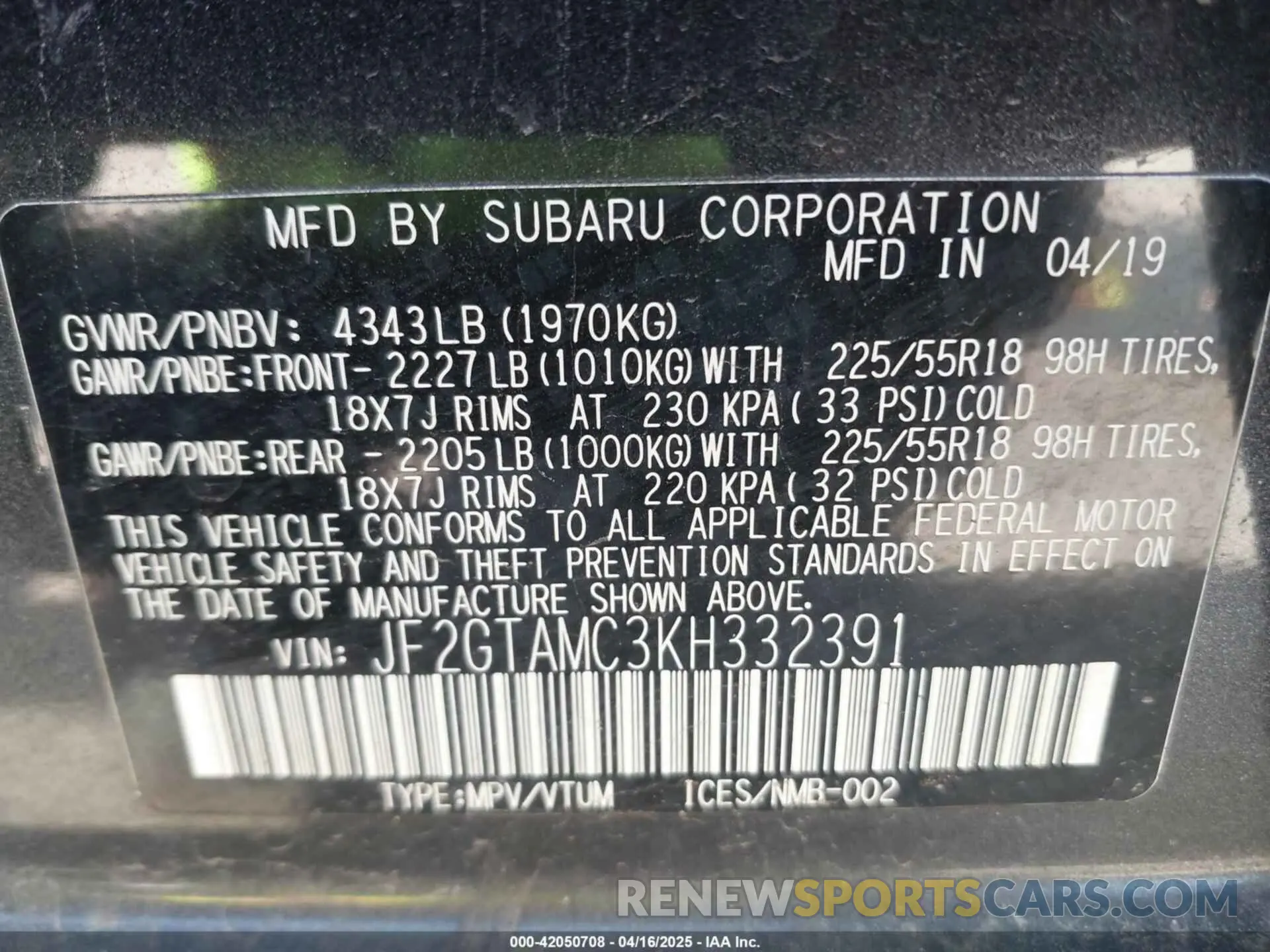 9 fotografías del automóvil dañado JF2GTAMC3KH332391 SUBARU CROSSTREK 2019