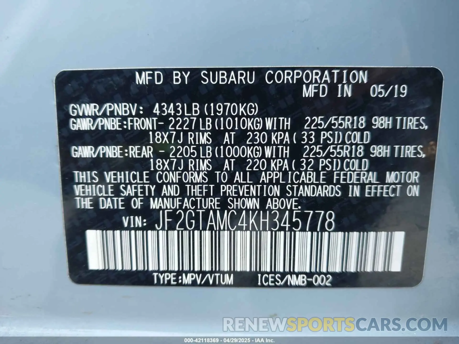 9 fotografías del automóvil dañado JF2GTAMC4KH345778 SUBARU CROSSTREK 2019
