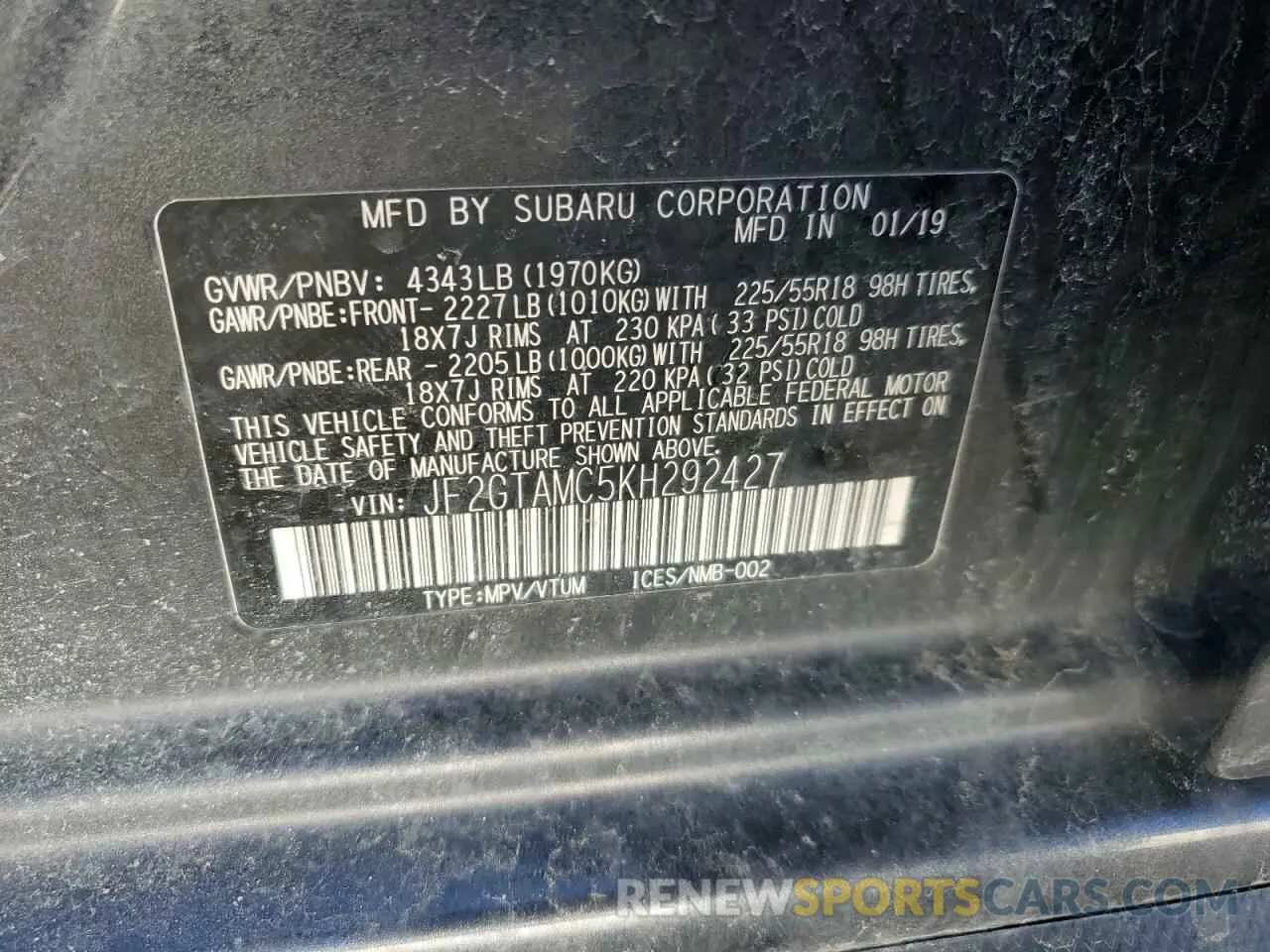 12 fotografías del automóvil dañado JF2GTAMC5KH292427 SUBARU CROSSTREK 2019