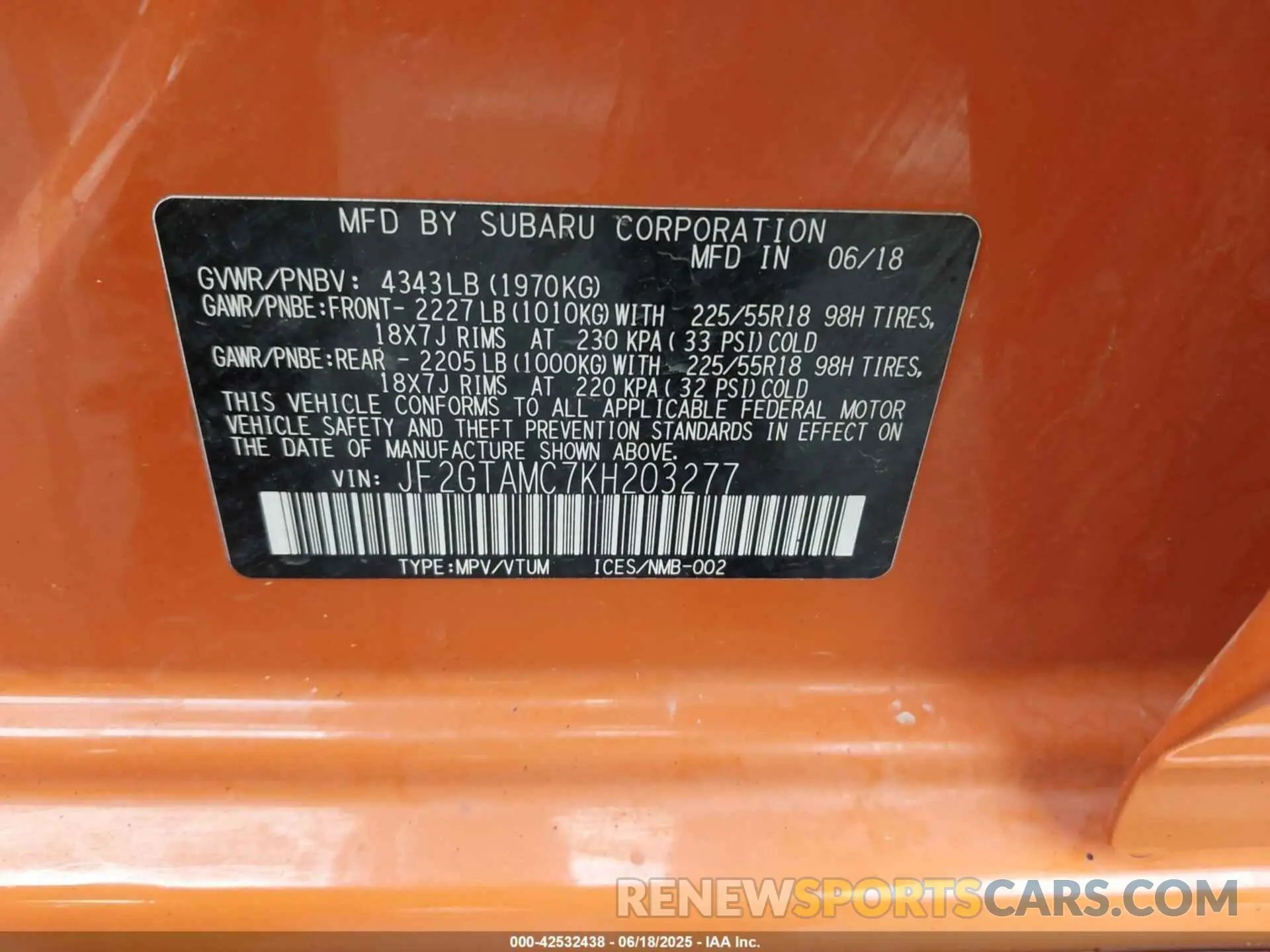 9 fotografías del automóvil dañado JF2GTAMC7KH203277 SUBARU CROSSTREK 2019