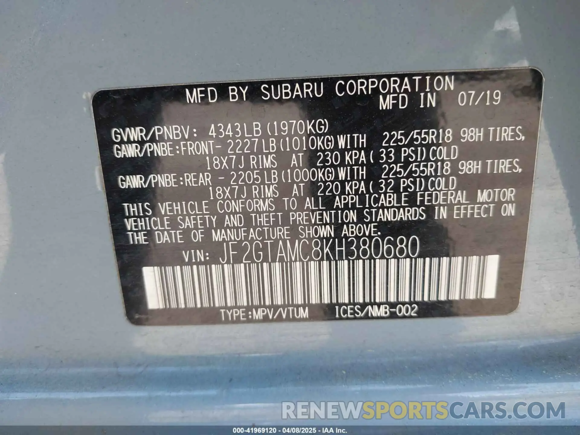 9 fotografías del automóvil dañado JF2GTAMC8KH380680 SUBARU CROSSTREK 2019