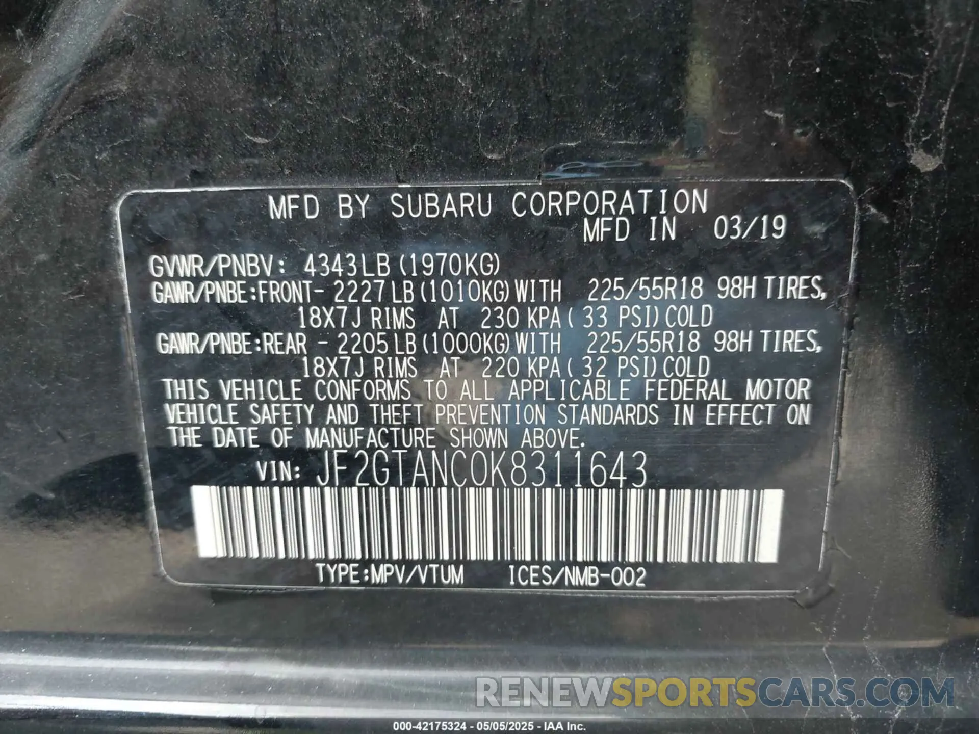 9 fotografías del automóvil dañado JF2GTANC0K8311643 SUBARU CROSSTREK 2019