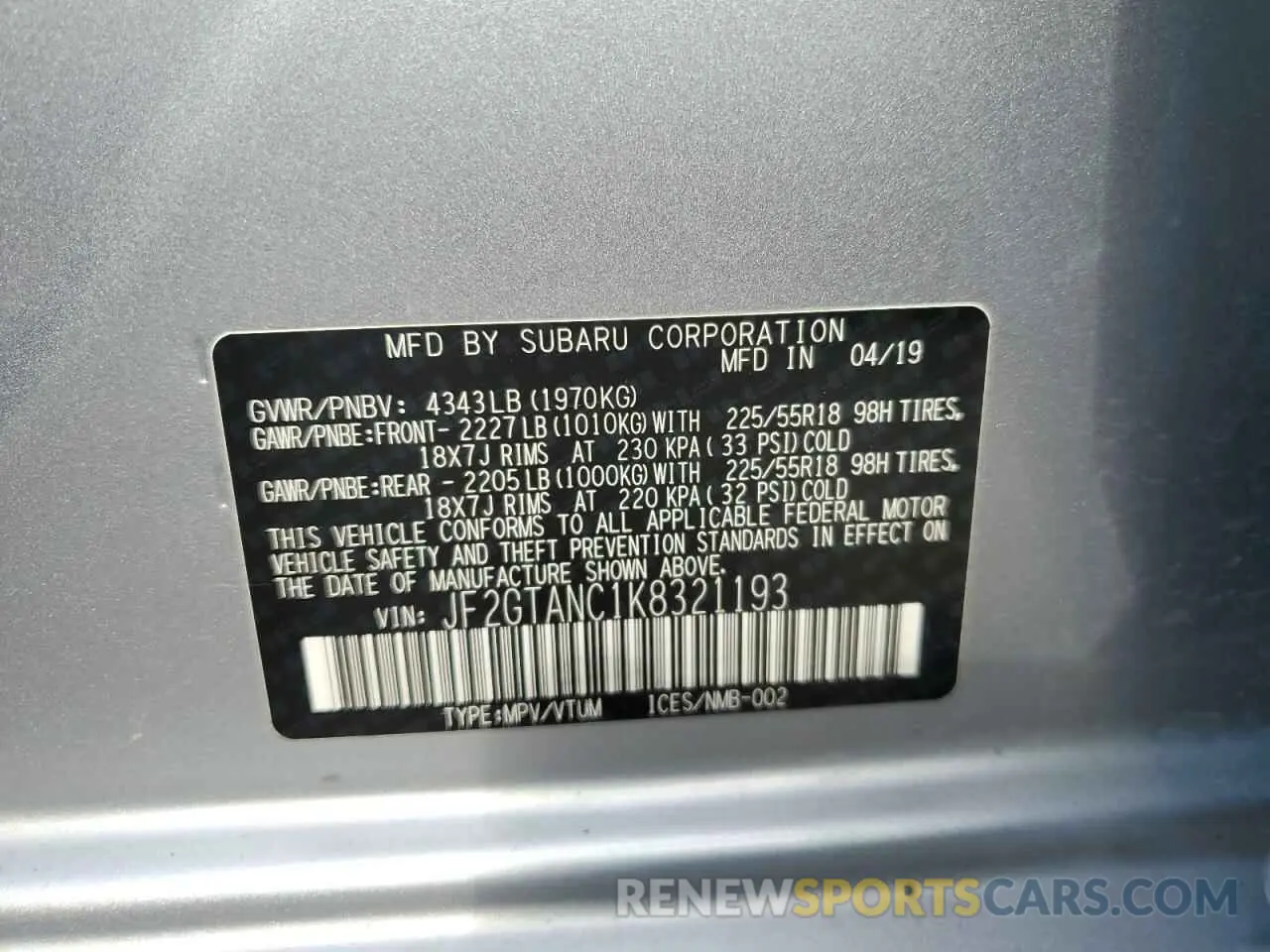 12 fotografías del automóvil dañado JF2GTANC1K8321193 SUBARU CROSSTREK 2019