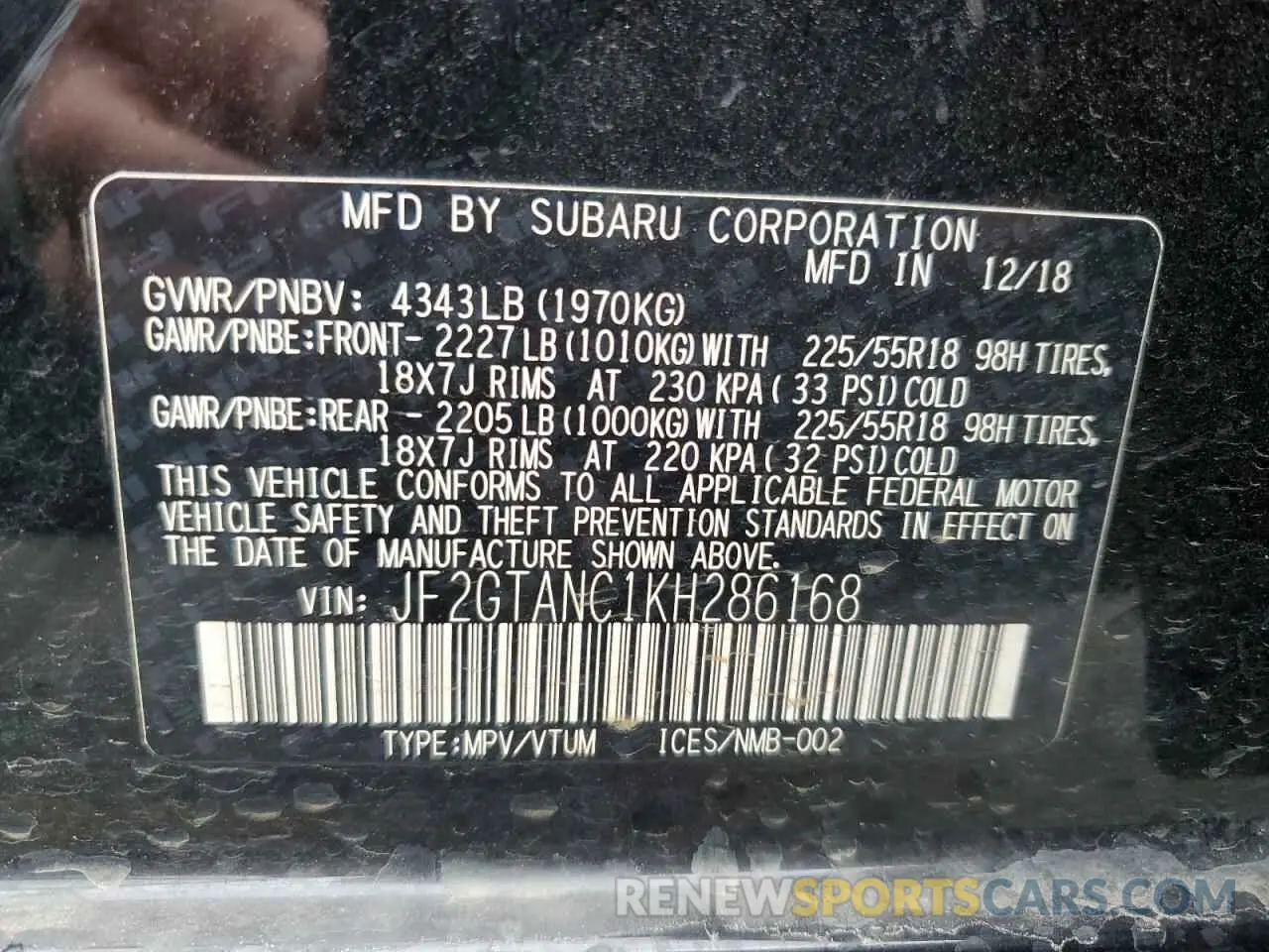 12 fotografías del automóvil dañado JF2GTANC1KH286168 SUBARU CROSSTREK 2019