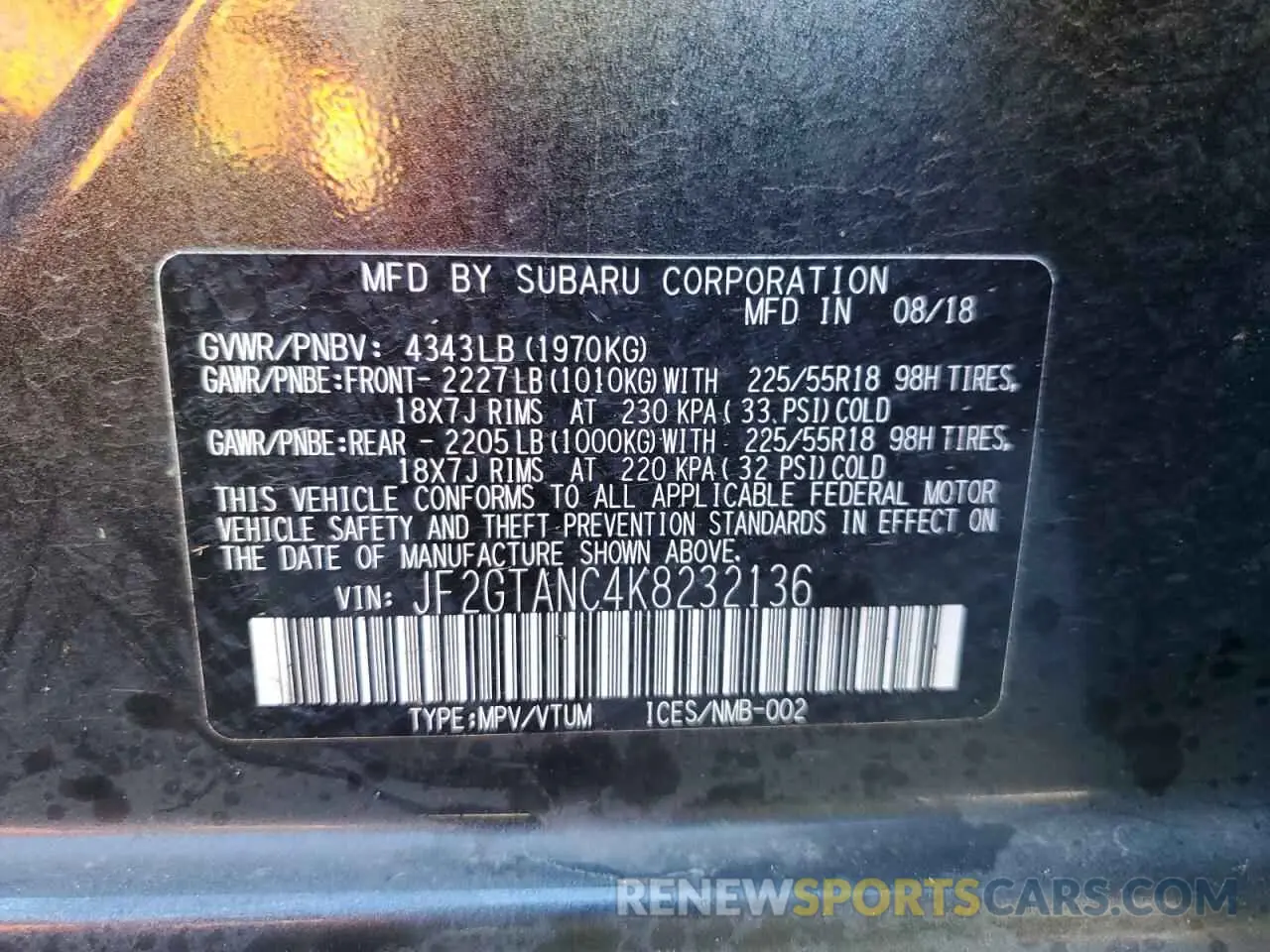 13 fotografías del automóvil dañado JF2GTANC4K8232136 SUBARU CROSSTREK 2019
