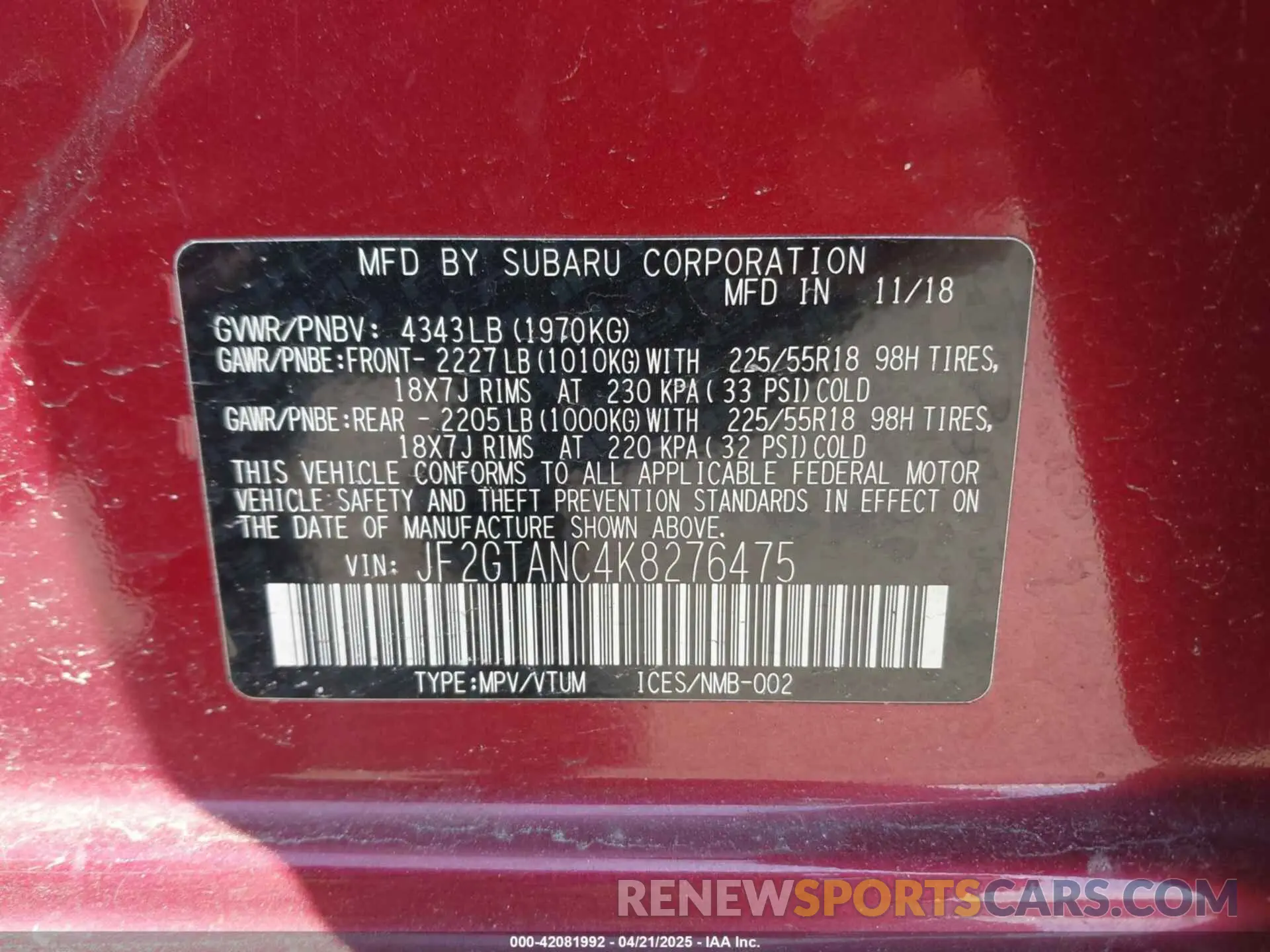 9 fotografías del automóvil dañado JF2GTANC4K8276475 SUBARU CROSSTREK 2019