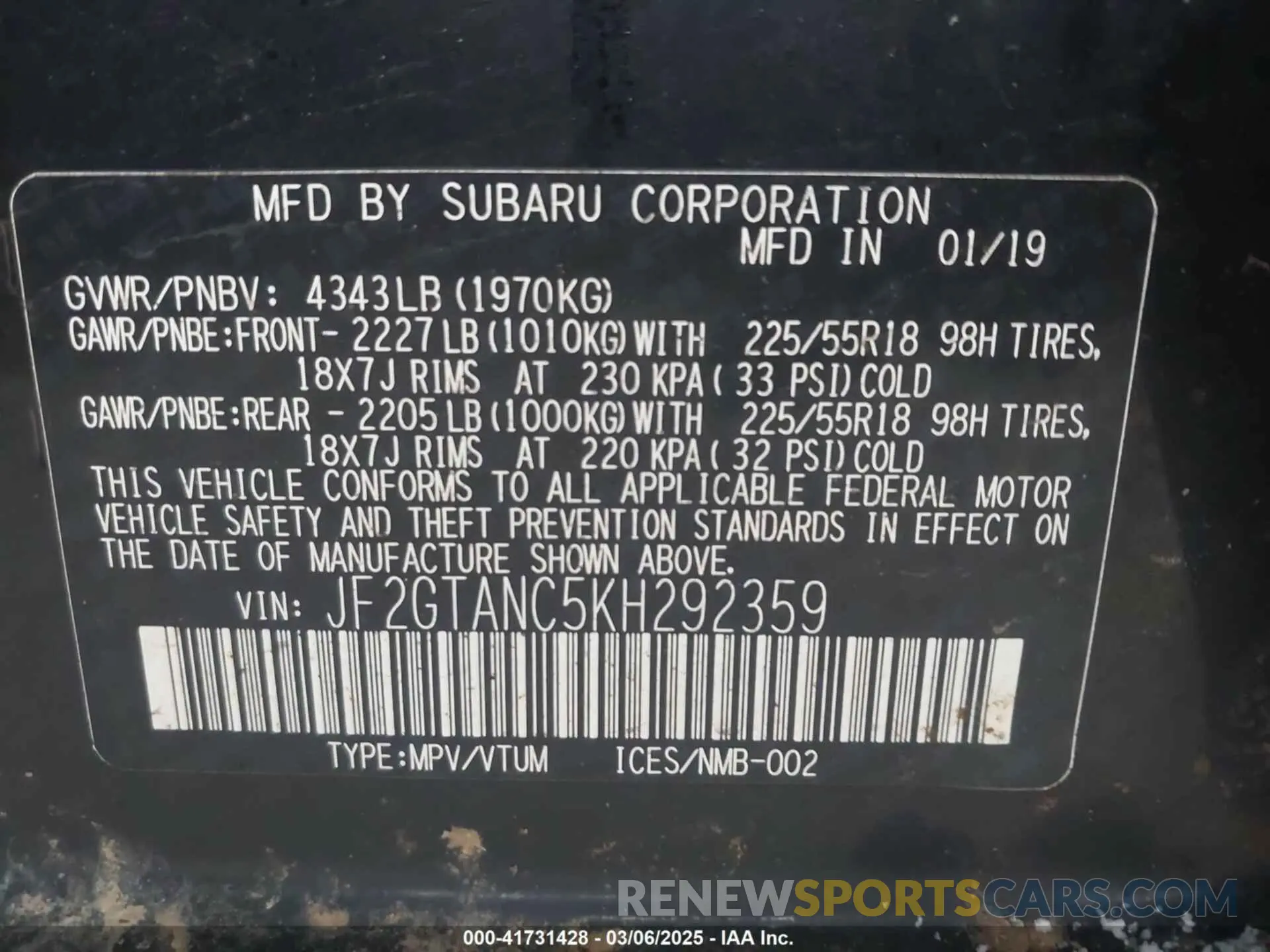 9 fotografías del automóvil dañado JF2GTANC5KH292359 SUBARU CROSSTREK 2019