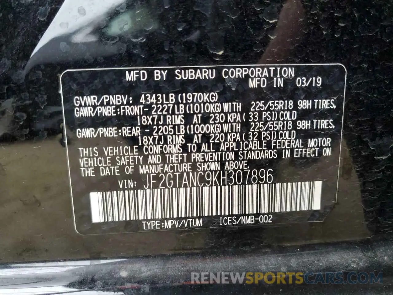 14 fotografías del automóvil dañado JF2GTANC9KH307896 SUBARU CROSSTREK 2019
