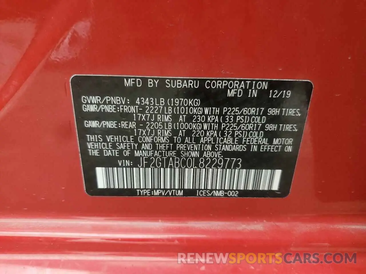 13 fotografías del automóvil dañado JF2GTABC0L8229773 SUBARU CROSSTREK 2020