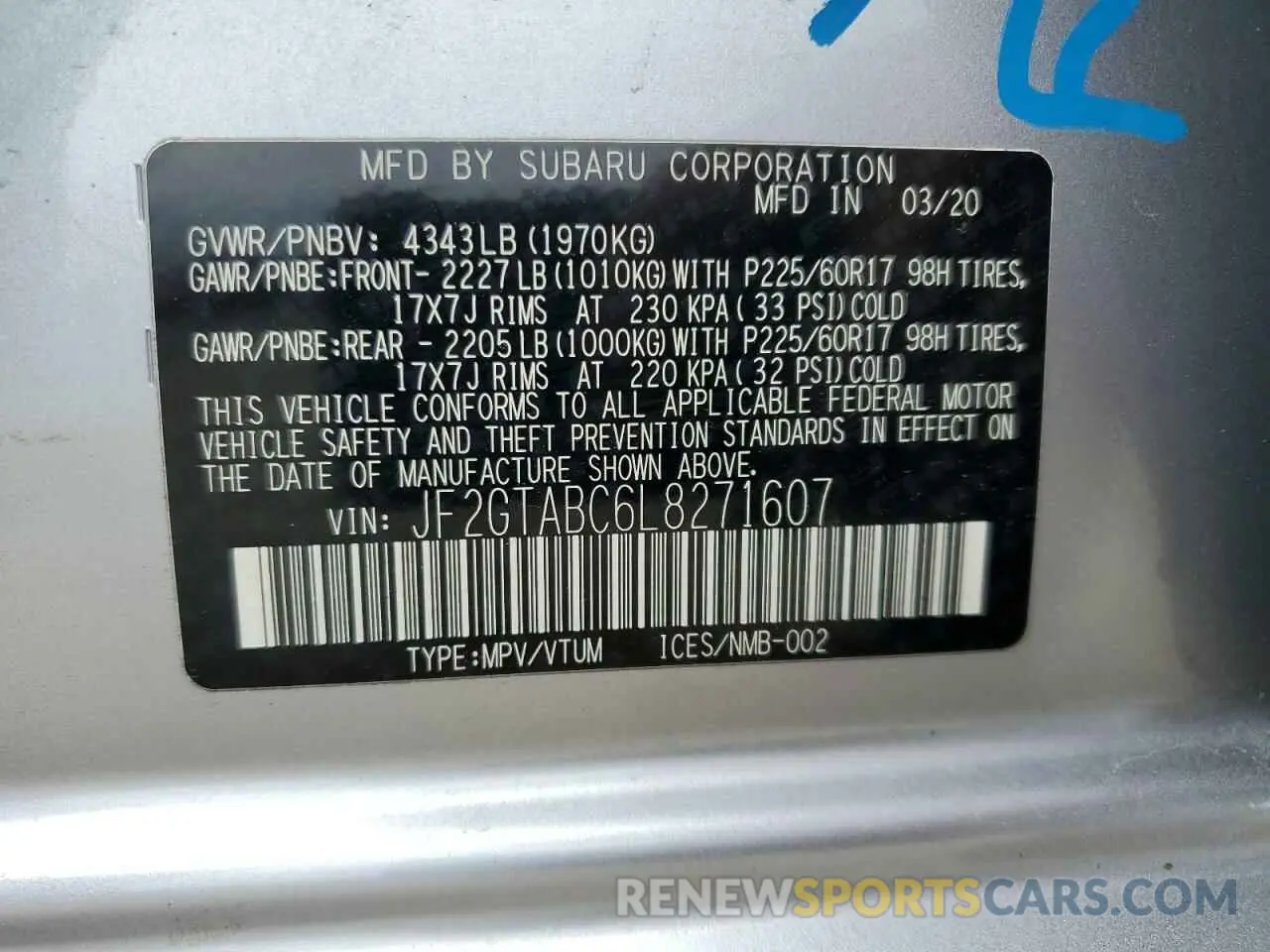 12 fotografías del automóvil dañado JF2GTABC6L8271607 SUBARU CROSSTREK 2020
