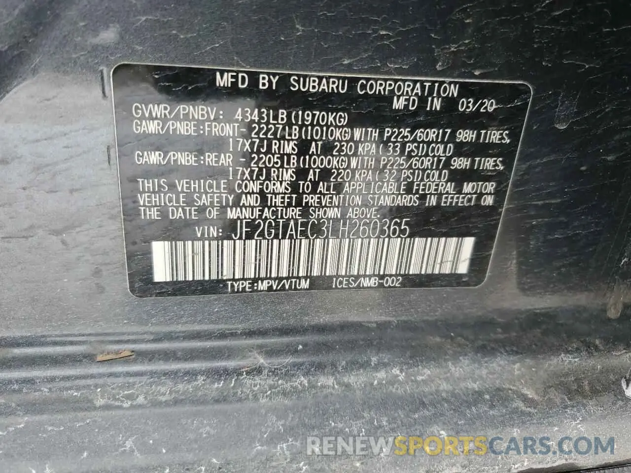 12 fotografías del automóvil dañado JF2GTAEC3LH260365 SUBARU CROSSTREK 2020