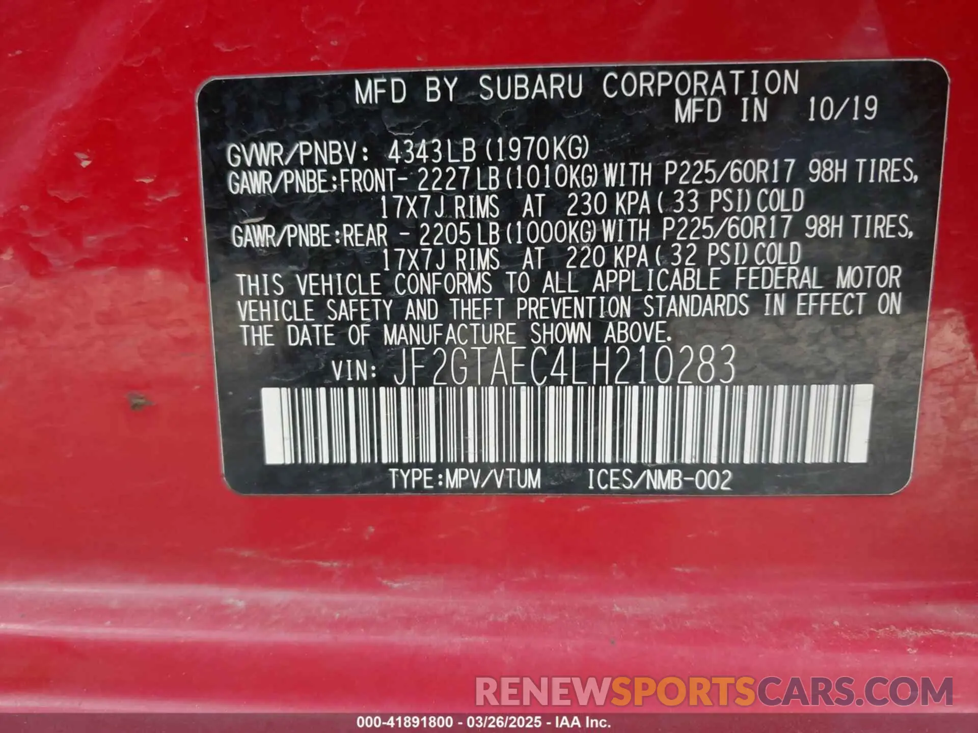 9 fotografías del automóvil dañado JF2GTAEC4LH210283 SUBARU CROSSTREK 2020
