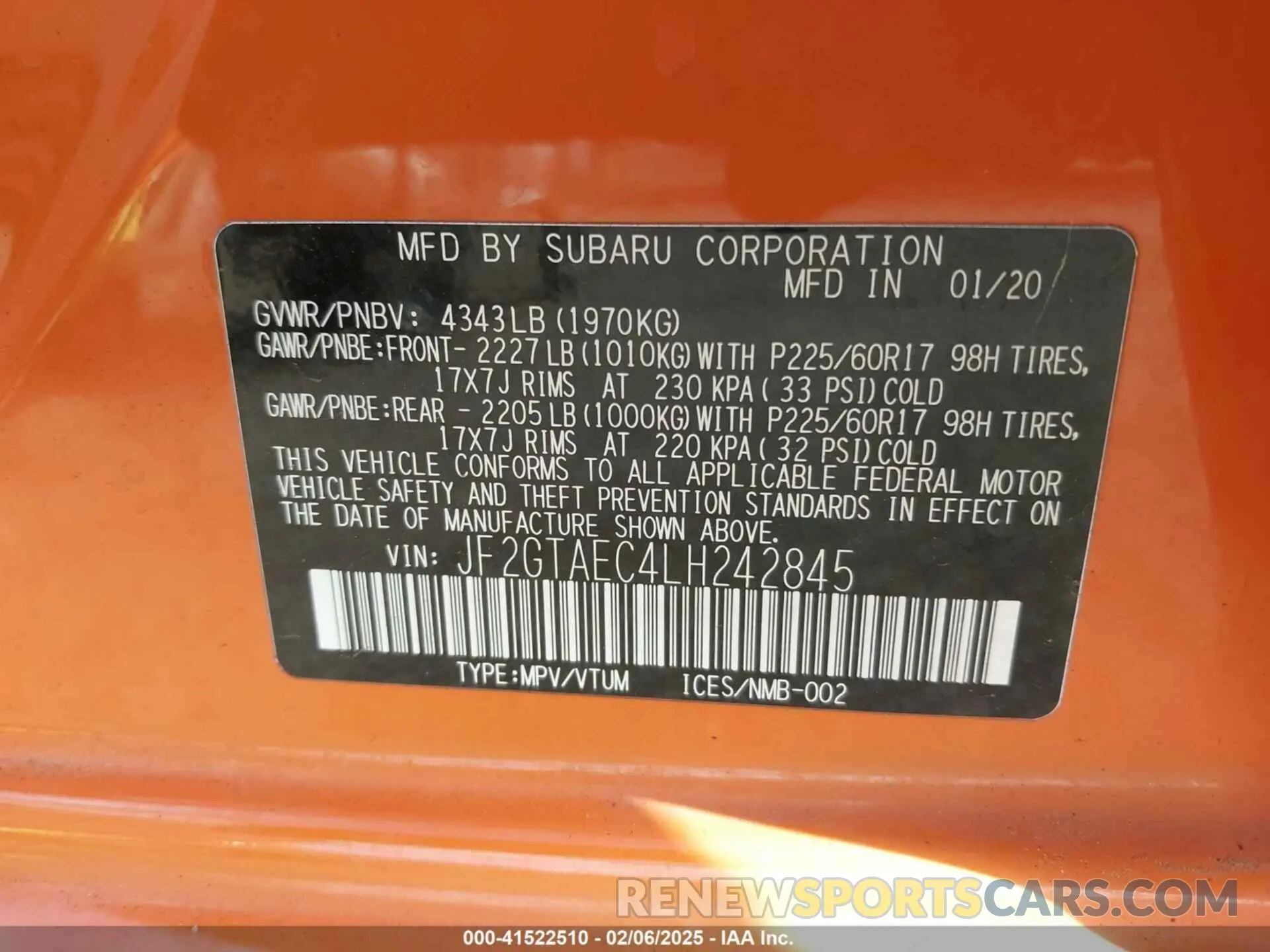 9 fotografías del automóvil dañado JF2GTAEC4LH242845 SUBARU CROSSTREK 2020