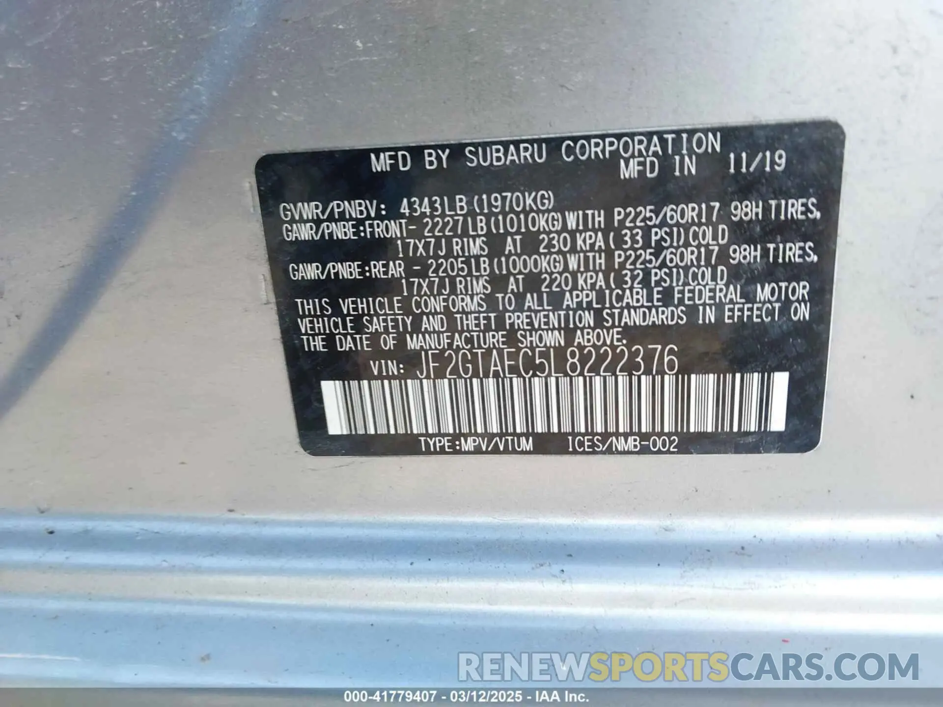 9 fotografías del automóvil dañado JF2GTAEC5L8222376 SUBARU CROSSTREK 2020