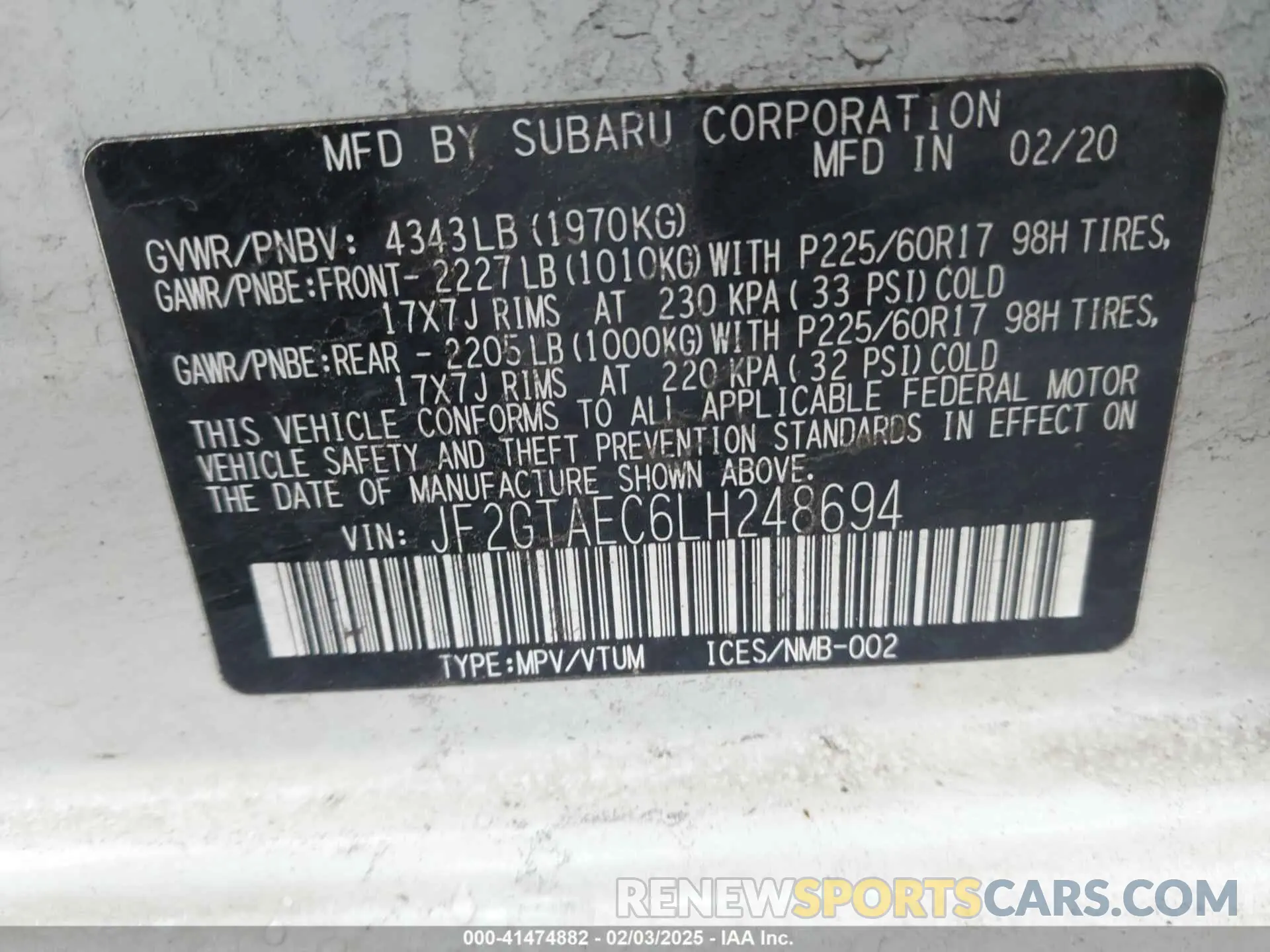 9 fotografías del automóvil dañado JF2GTAEC6LH248694 SUBARU CROSSTREK 2020