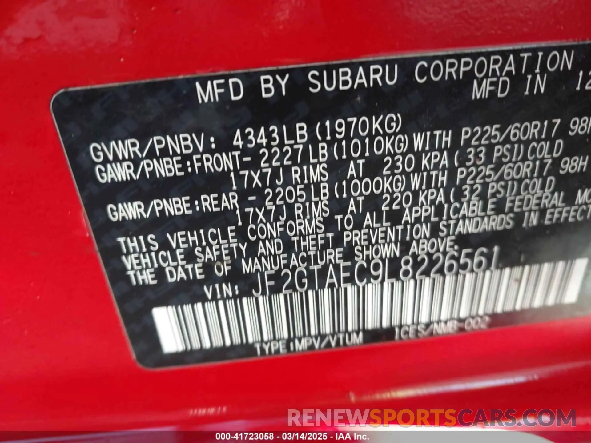 9 fotografías del automóvil dañado JF2GTAEC9L8226561 SUBARU CROSSTREK 2020