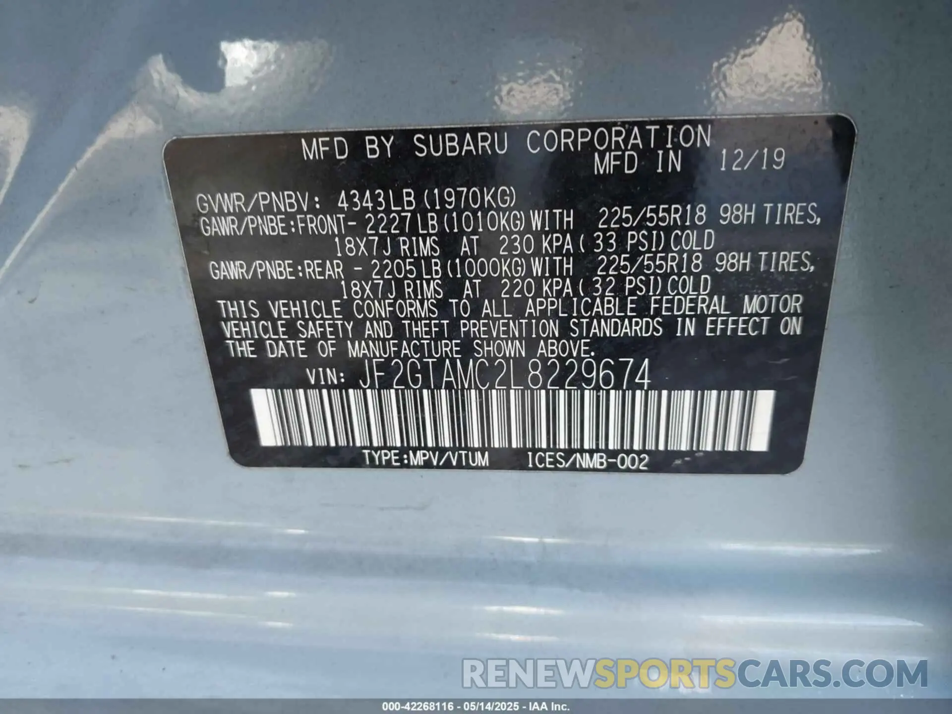 9 fotografías del automóvil dañado JF2GTAMC2L8229674 SUBARU CROSSTREK 2020