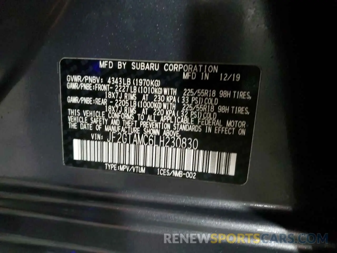 13 fotografías del automóvil dañado JF2GTAMC6LH230830 SUBARU CROSSTREK 2020
