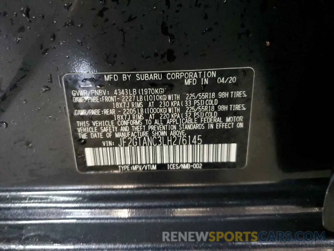 13 fotografías del automóvil dañado JF2GTANC3LH276145 SUBARU CROSSTREK 2020