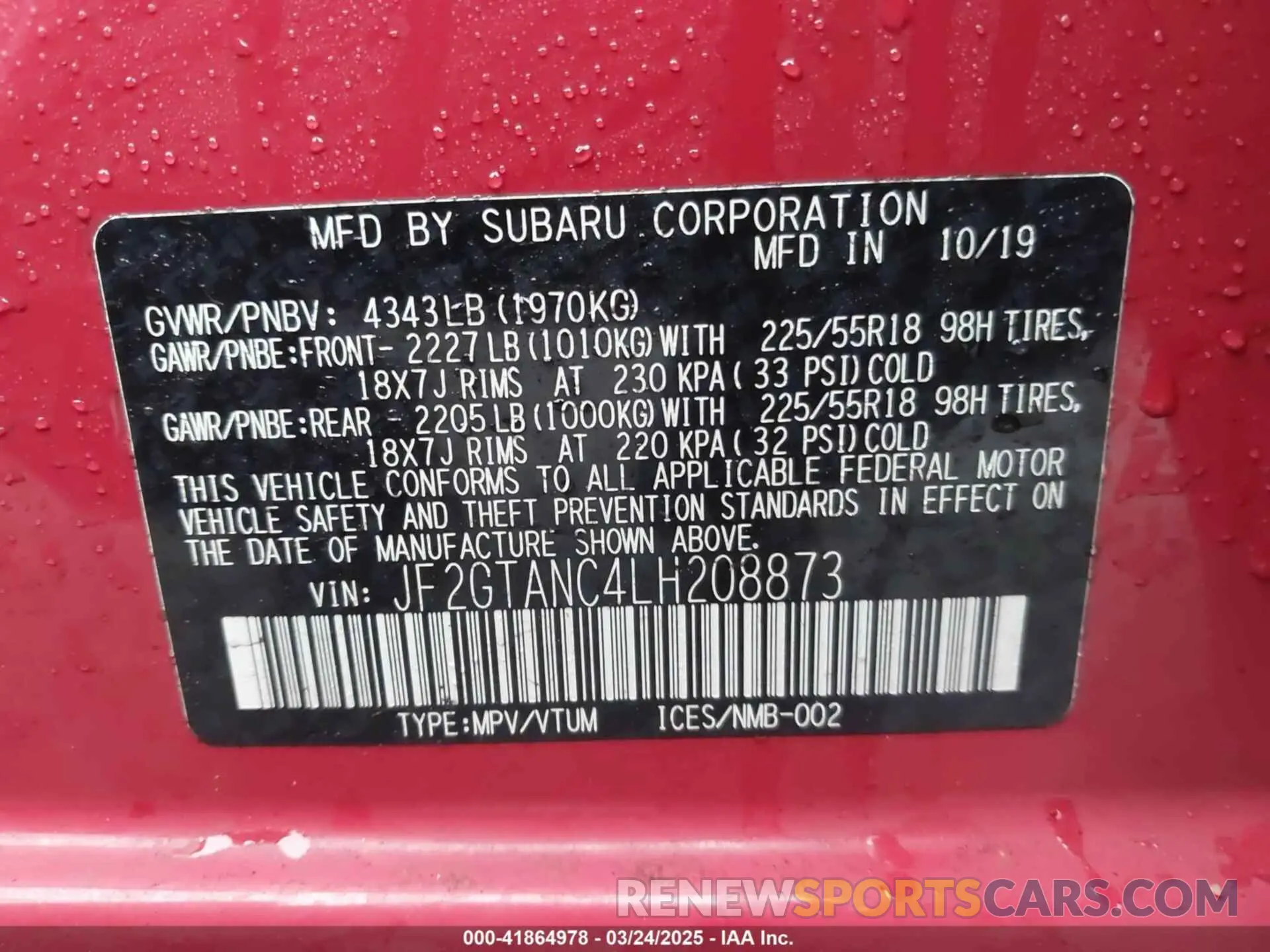 9 fotografías del automóvil dañado JF2GTANC4LH208873 SUBARU CROSSTREK 2020