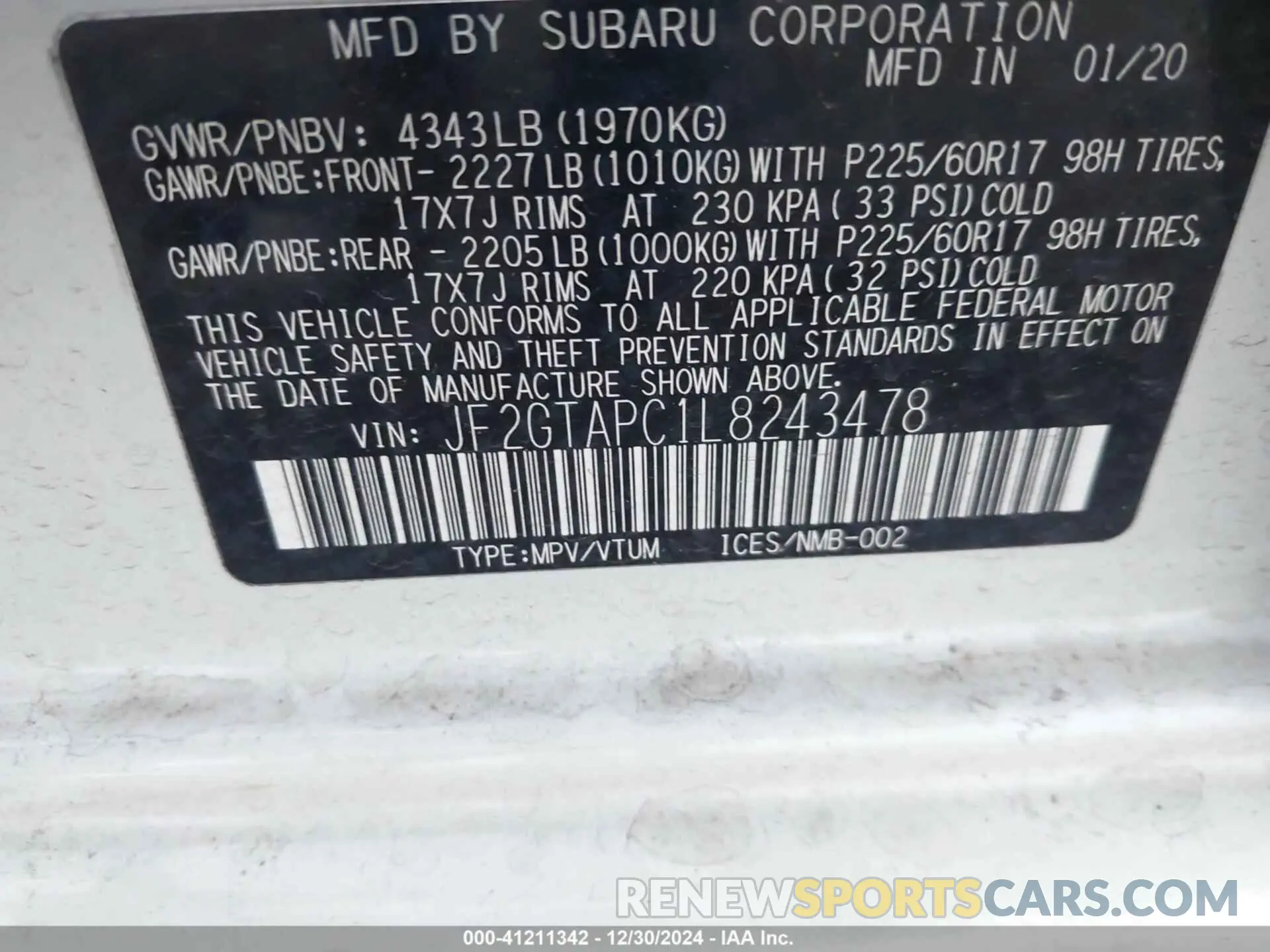 9 fotografías del automóvil dañado JF2GTAPC1L8243478 SUBARU CROSSTREK 2020