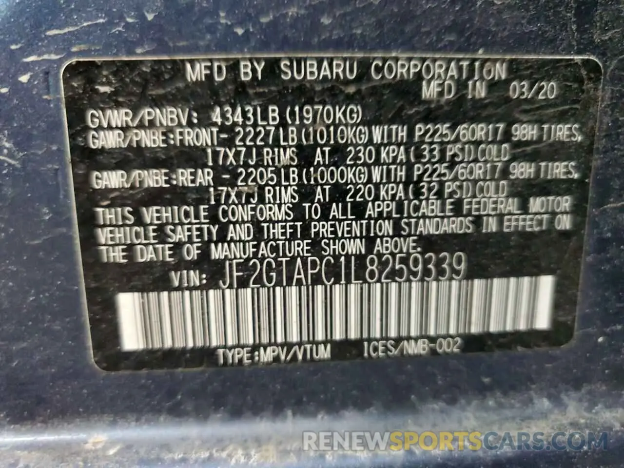13 fotografías del automóvil dañado JF2GTAPC1L8259339 SUBARU CROSSTREK 2020