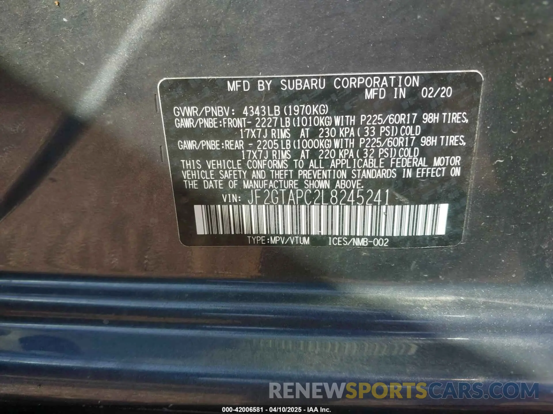 9 fotografías del automóvil dañado JF2GTAPC2L8245241 SUBARU CROSSTREK 2020