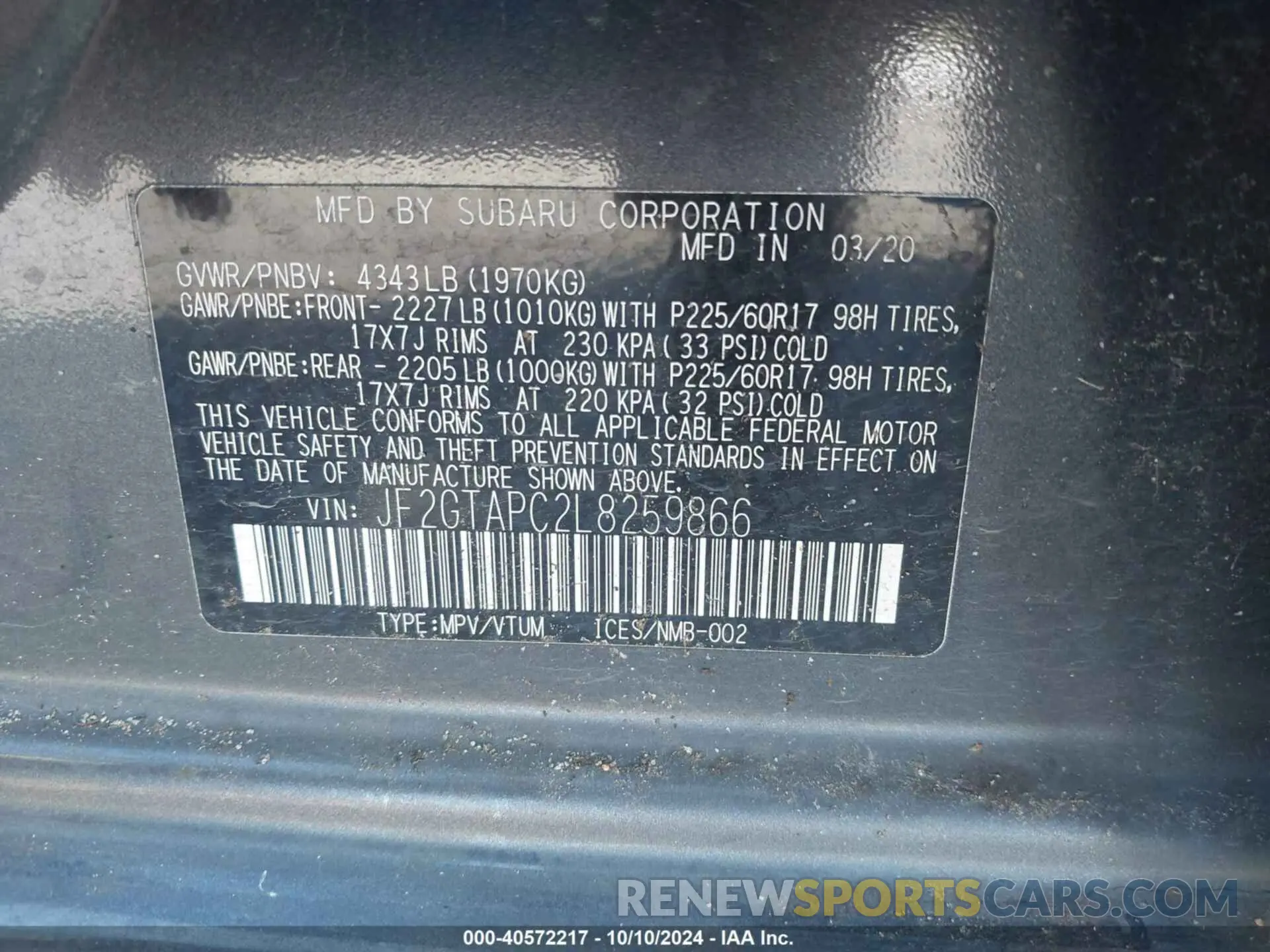 9 fotografías del automóvil dañado JF2GTAPC2L8259866 SUBARU CROSSTREK 2020