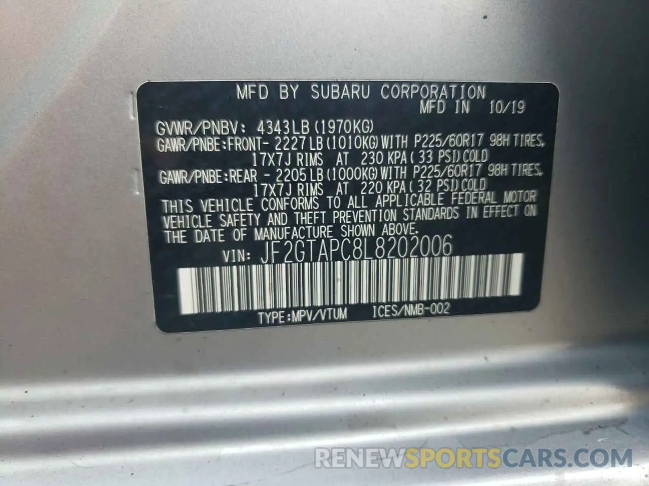 13 fotografías del automóvil dañado JF2GTAPC8L8202006 SUBARU CROSSTREK 2020